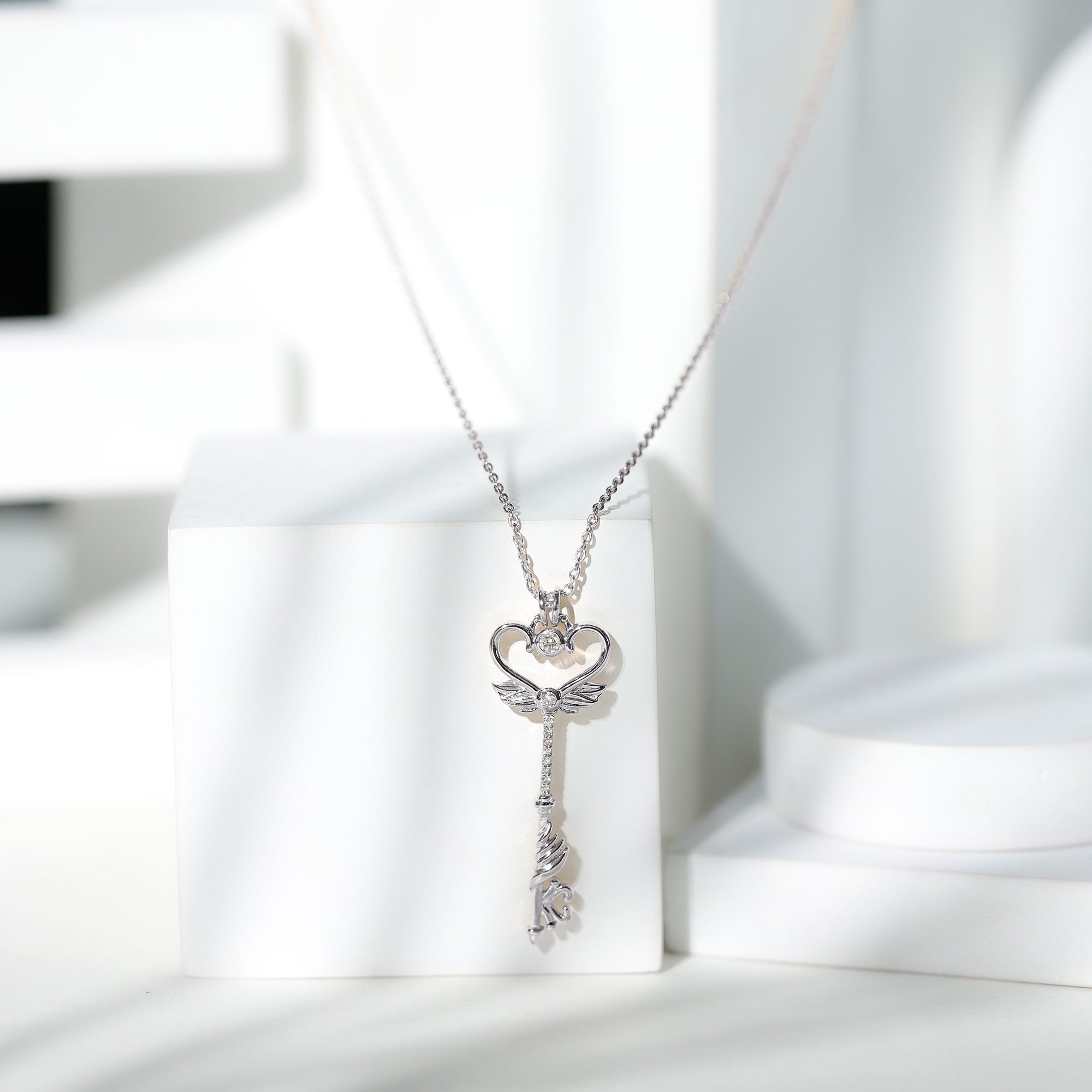 Rosec Jewels-Diamond Heart Key Pendant Necklace with Angel Wings