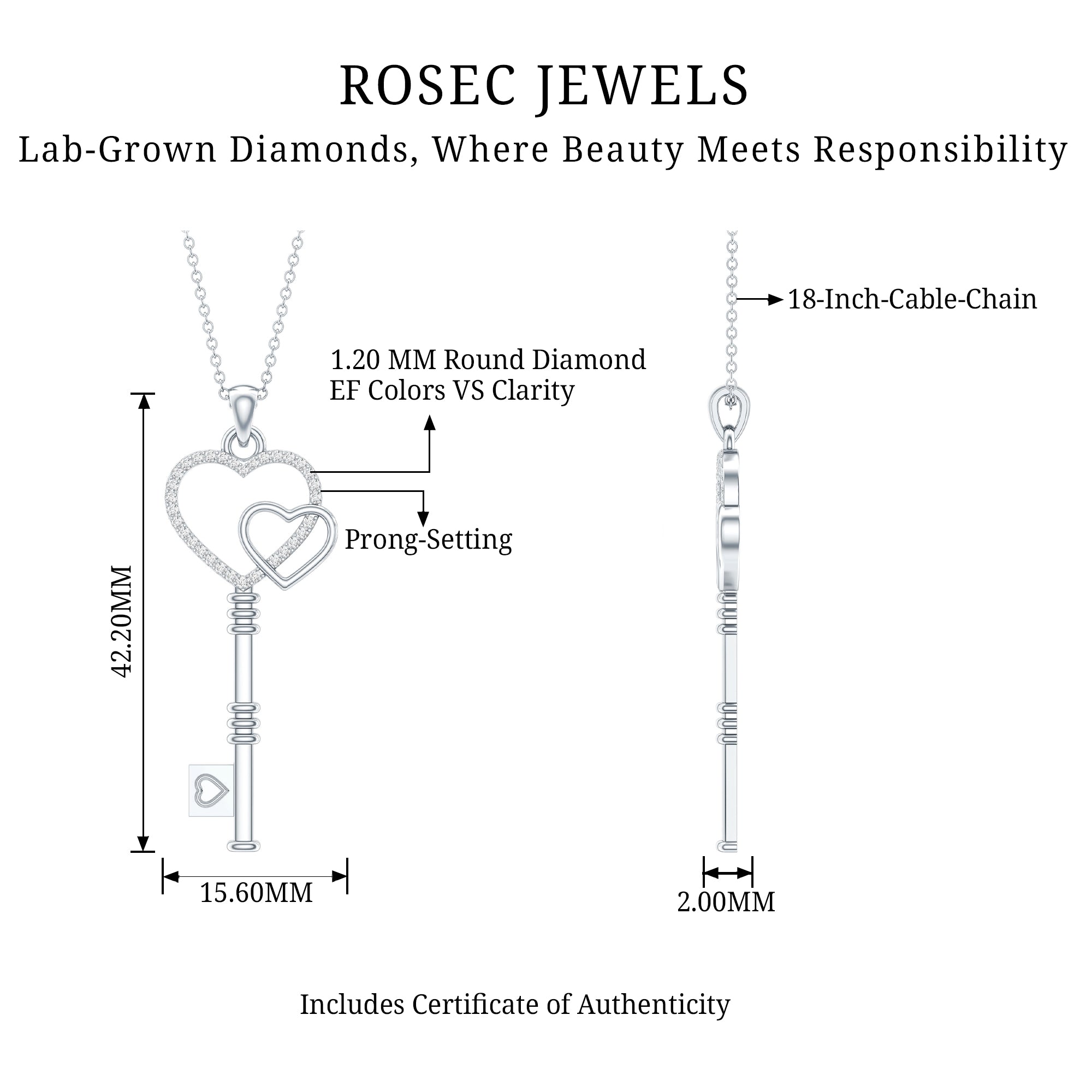 Diamond Key To My Heart Necklace for Women Lab - ( EF-VS ) - Rosec Jewels