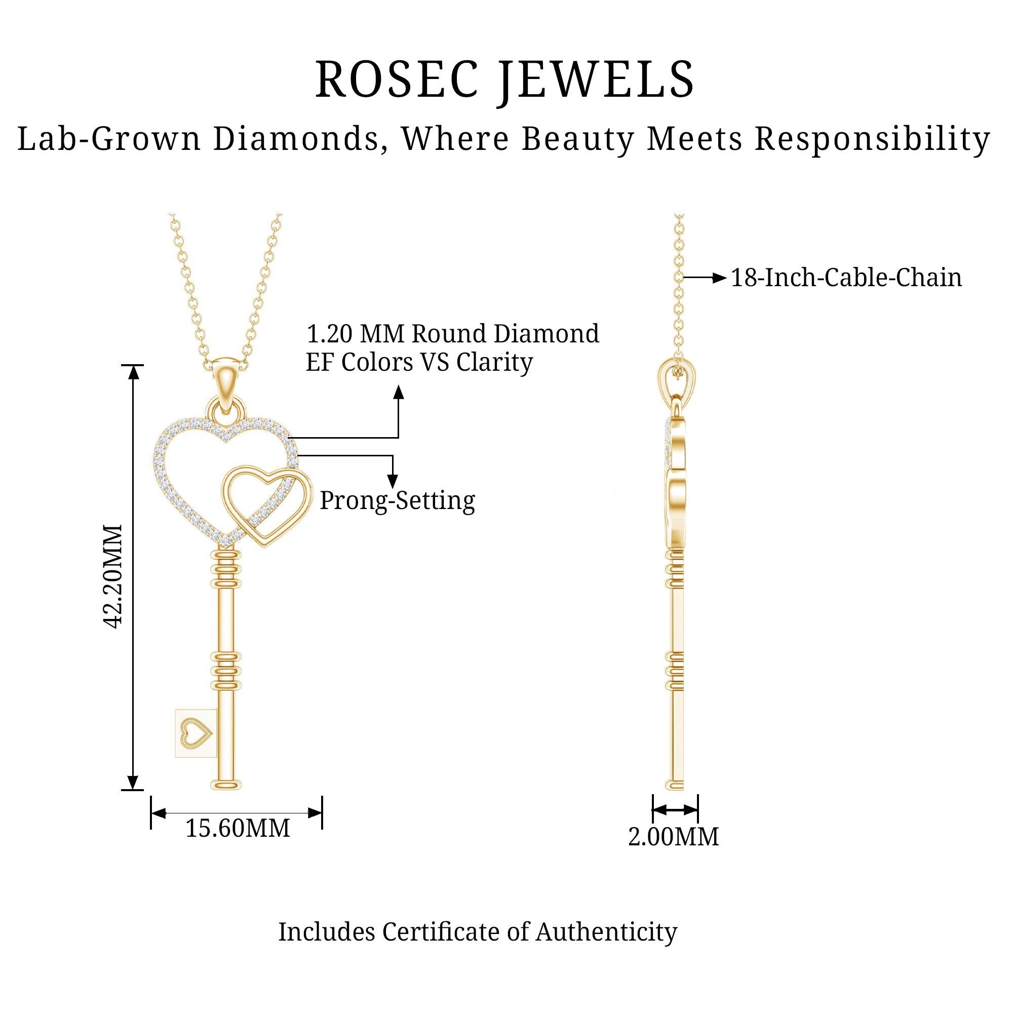 Diamond Key To My Heart Necklace for Women Lab - ( EF-VS ) - Rosec Jewels