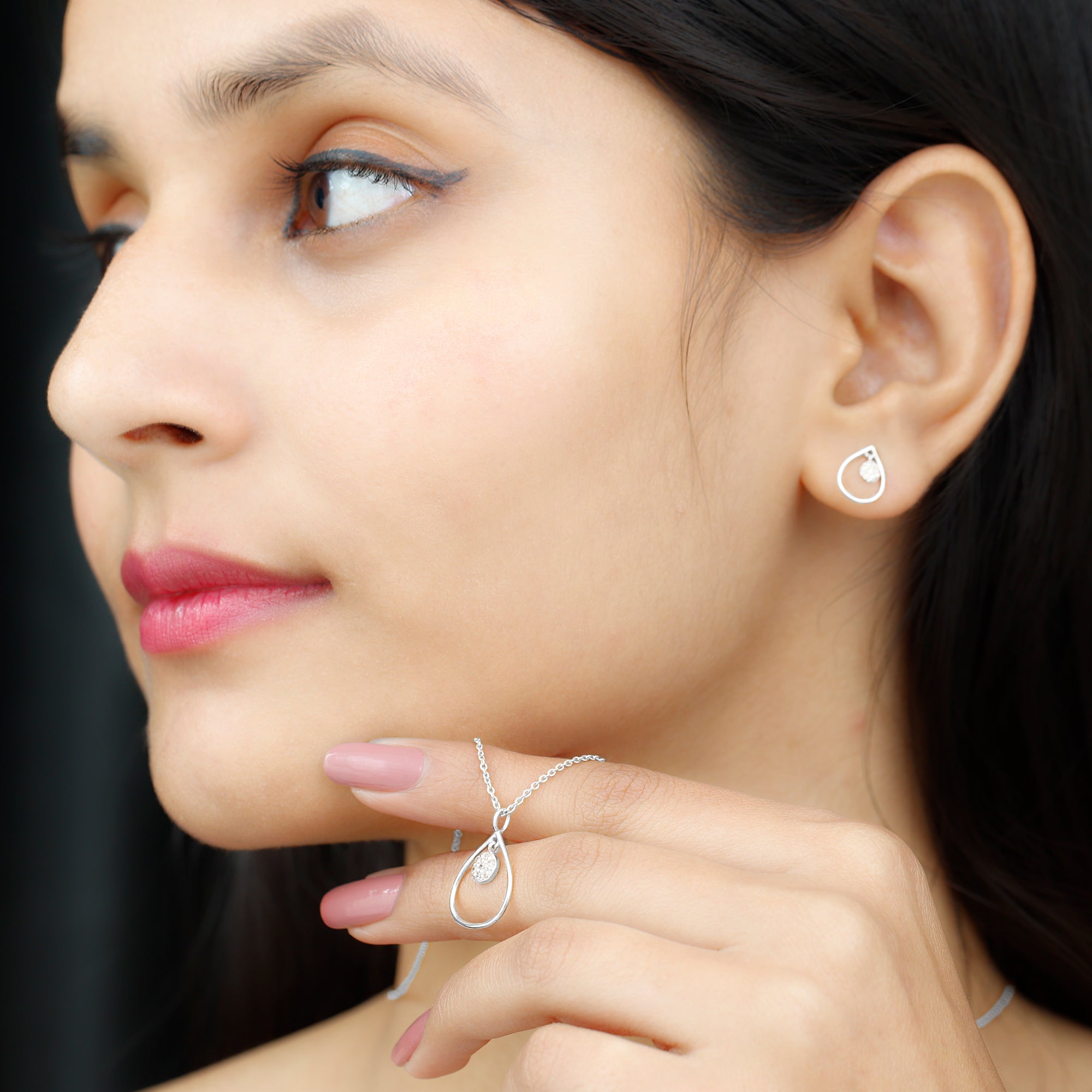 Rosec Jewels-Diamond and Gold Open Teardrop Pendant and Earring Set for Women