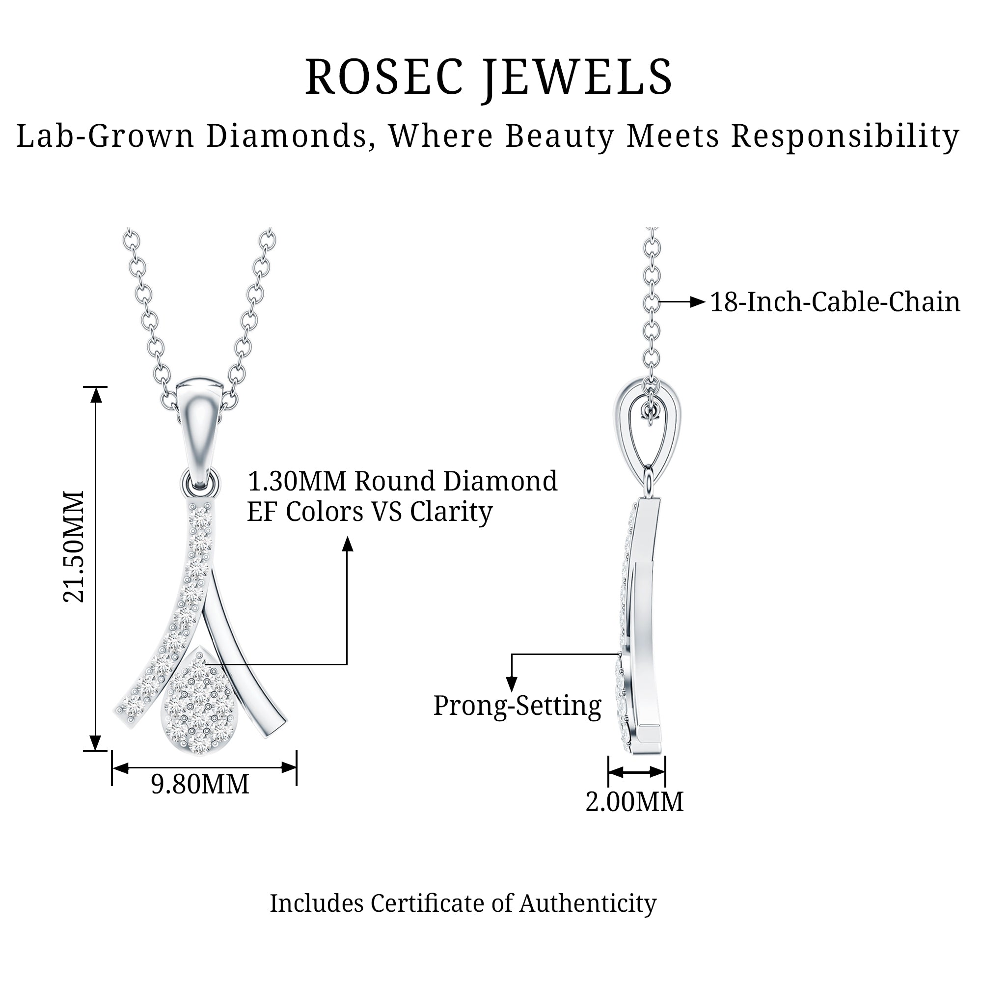 Certified Round Cut Diamond Cluster Necklace Lab - ( EF-VS ) - Rosec Jewels