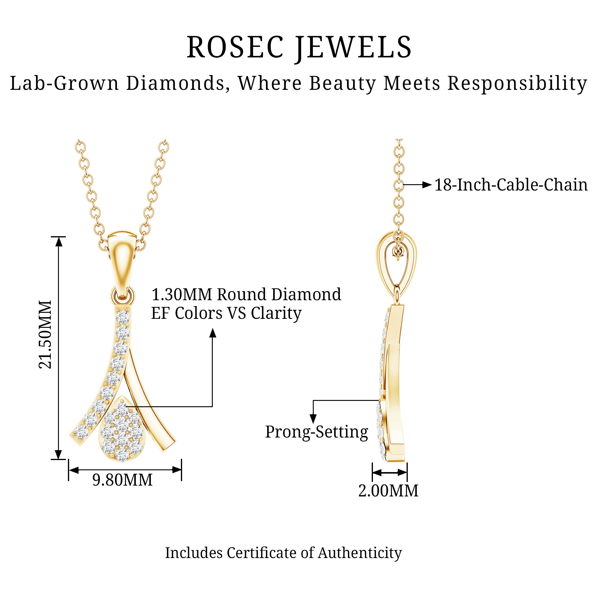 Certified Round Cut Diamond Cluster Necklace Lab - ( EF-VS ) - Rosec Jewels