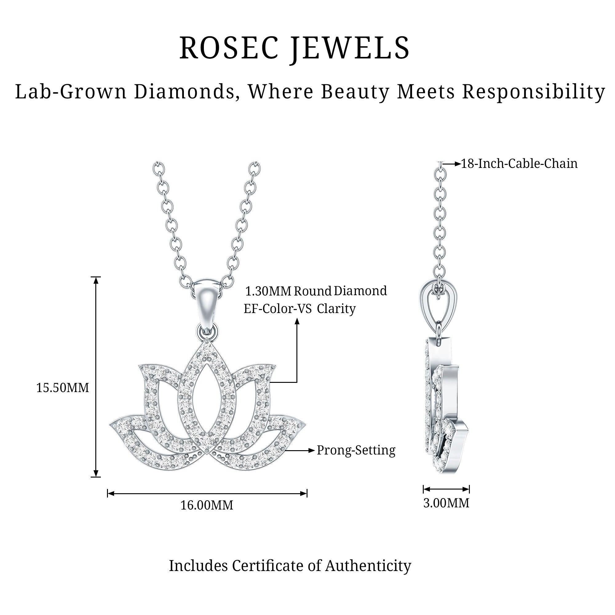 Diamond Lotus Flower Necklace in Pave Setting Lab - ( EF-VS ) - Rosec Jewels
