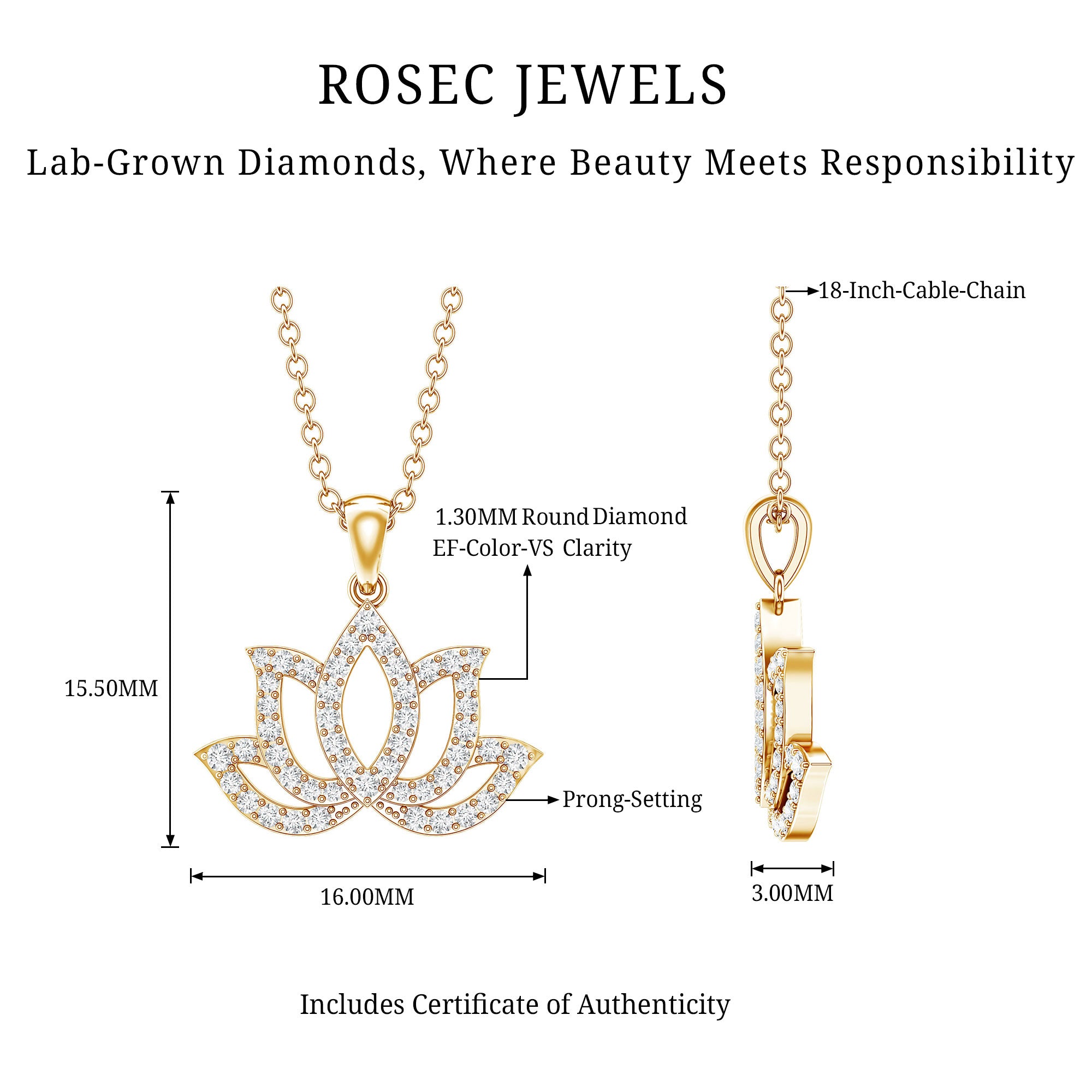 Diamond Lotus Flower Necklace in Pave Setting Lab - ( EF-VS ) - Rosec Jewels