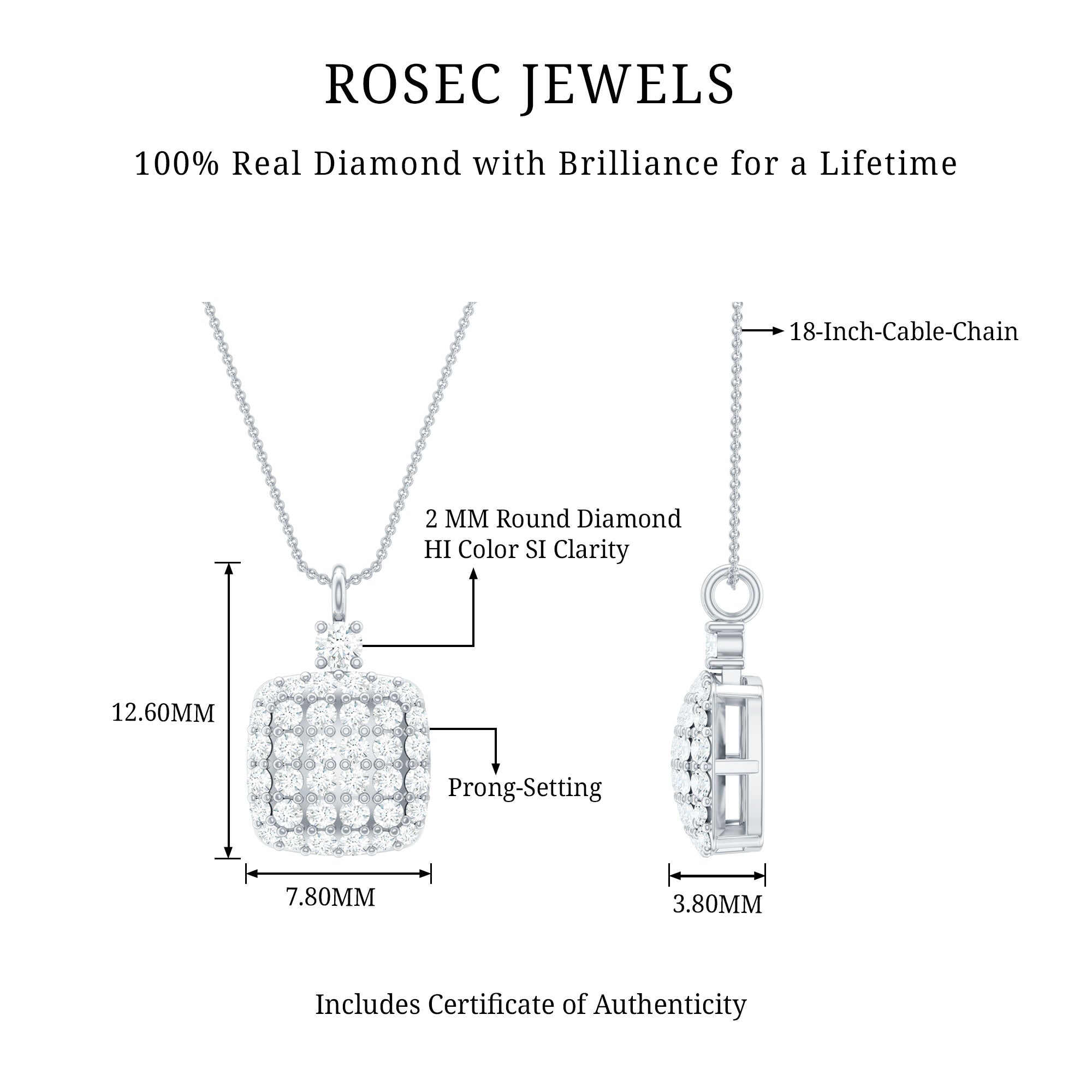 Rosec Jewels-1/2 CT Square Shape Diamond Cluster Pendant Necklace