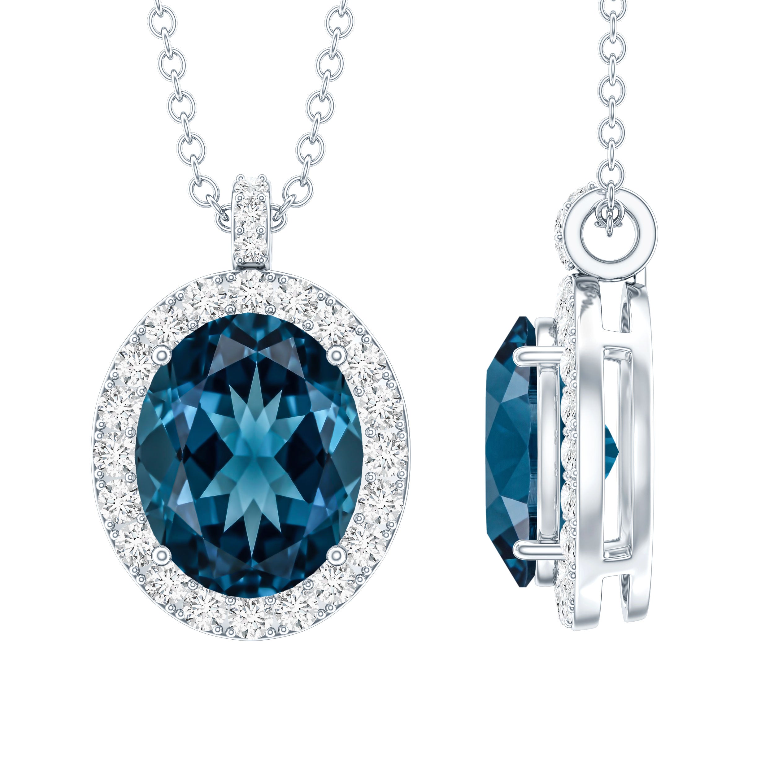 Genuine 2.5 Carat Oval Cut London Blue Topaz and Diamond Necklace AAA - Rosec Jewels