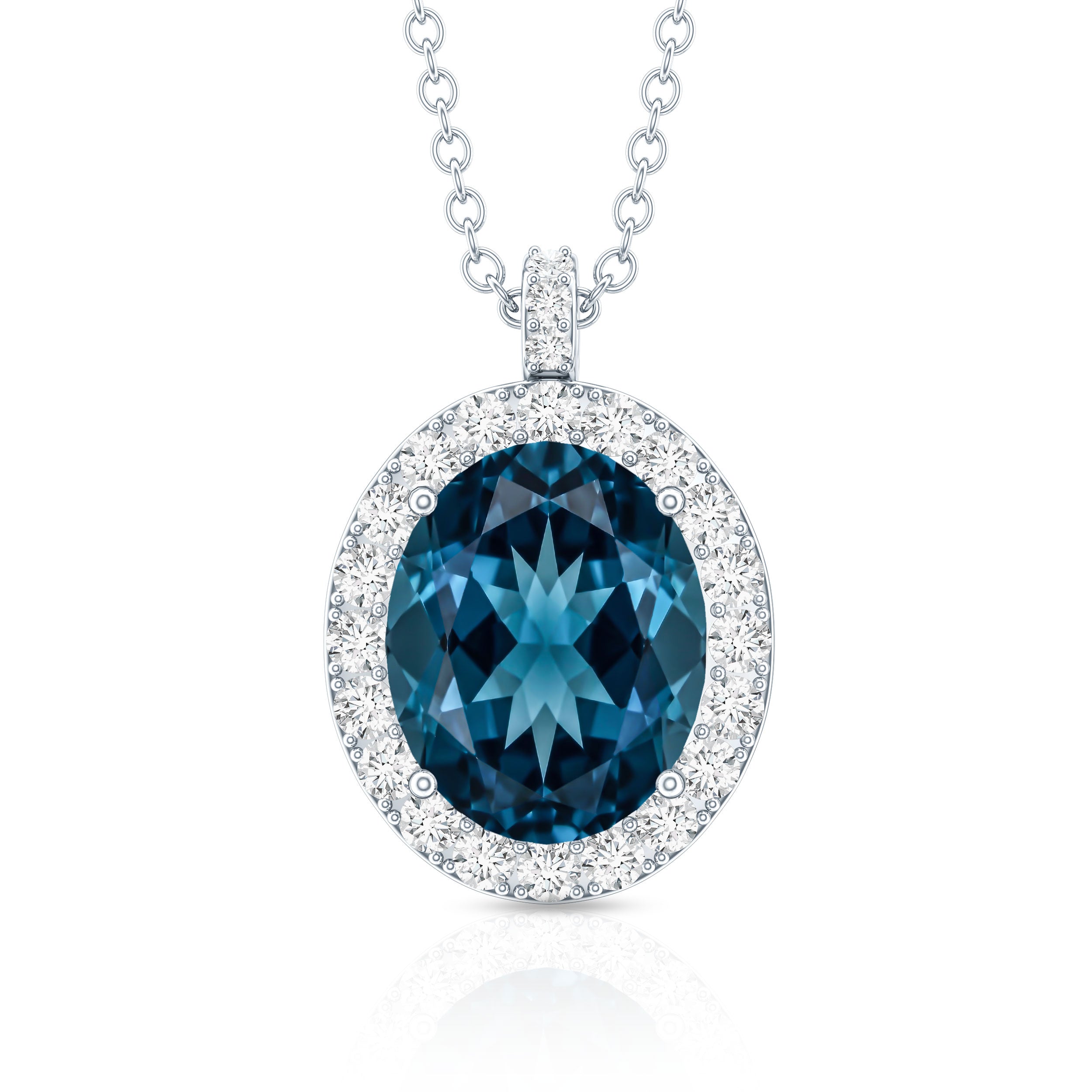 Genuine 2.5 Carat Oval Cut London Blue Topaz and Diamond Necklace AAA - Rosec Jewels