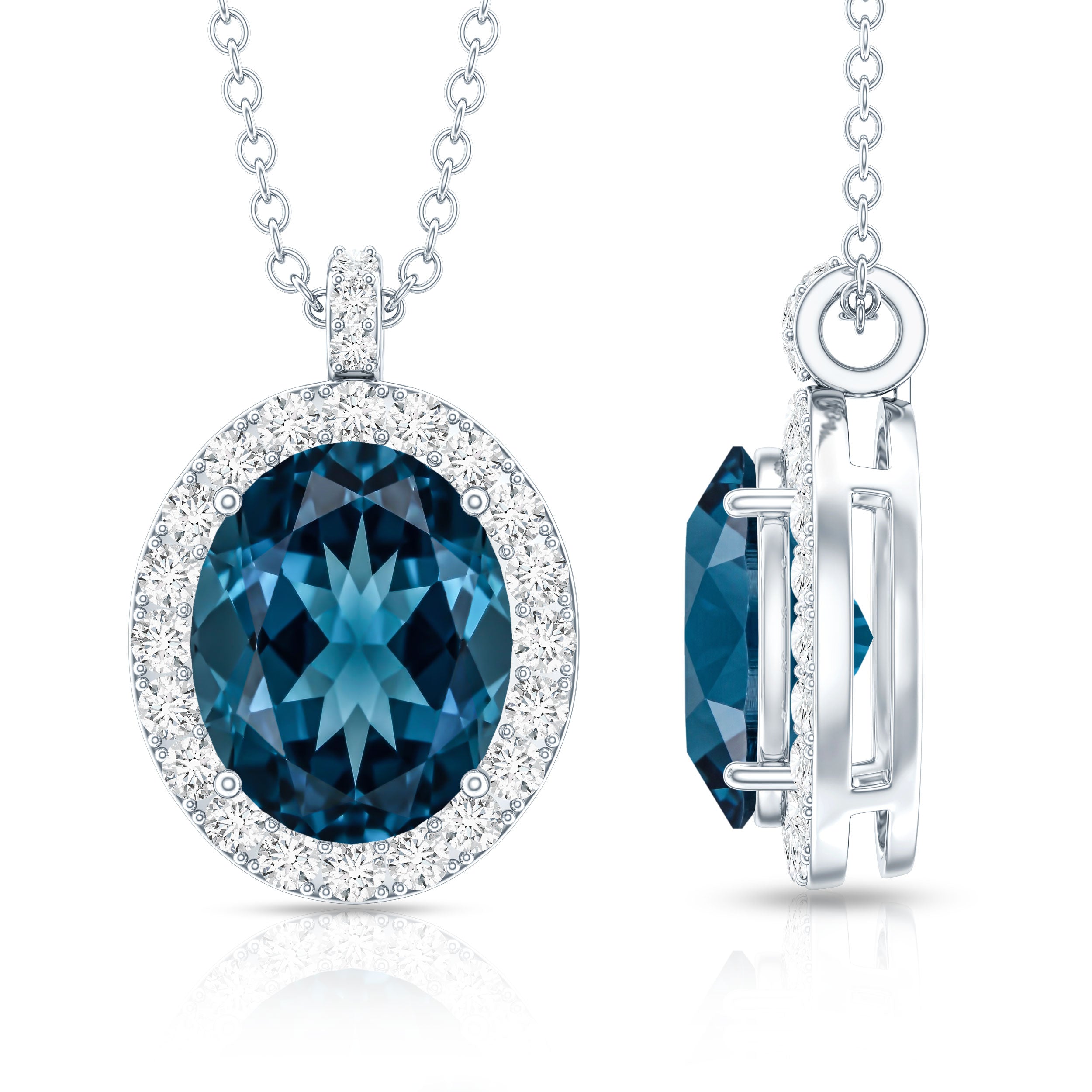 Genuine 2.5 Carat Oval Cut London Blue Topaz and Diamond Necklace AAA - Rosec Jewels