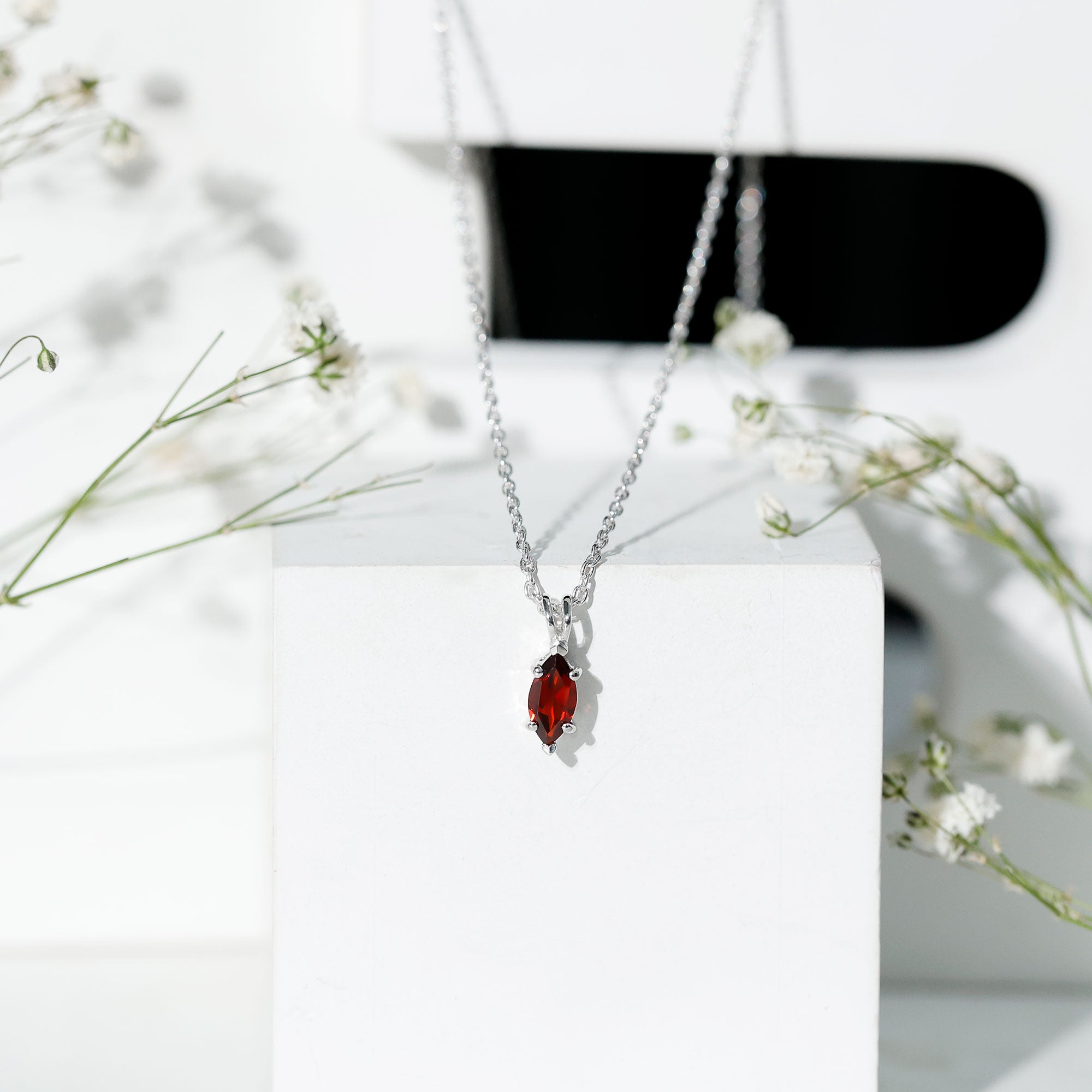 4X8MM Marquise Cut Garnet Solitaire Necklace With Chain AAA - Rosec Jewels