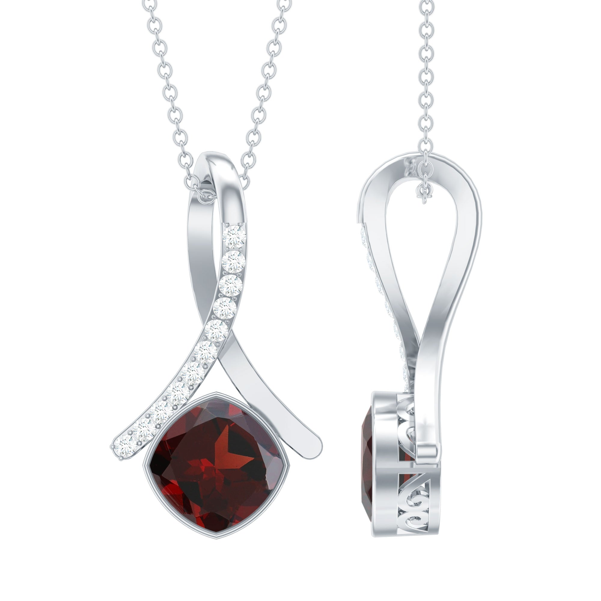 Cushion Cut Garnet Solitaire Pendant with Diamond Twisted Bail