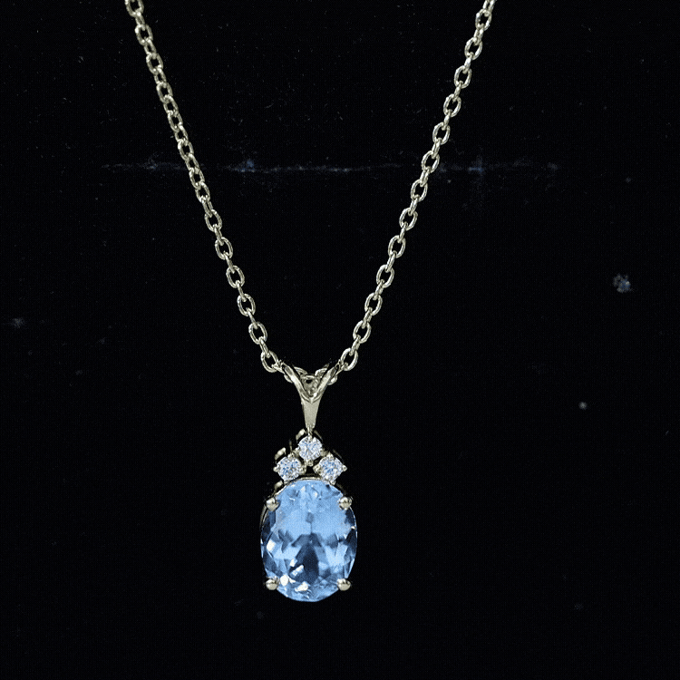 Real 1 Carat Oval Cut Aquamarine Pendant Necklace with Diamond Trio AAA - Rosec Jewels