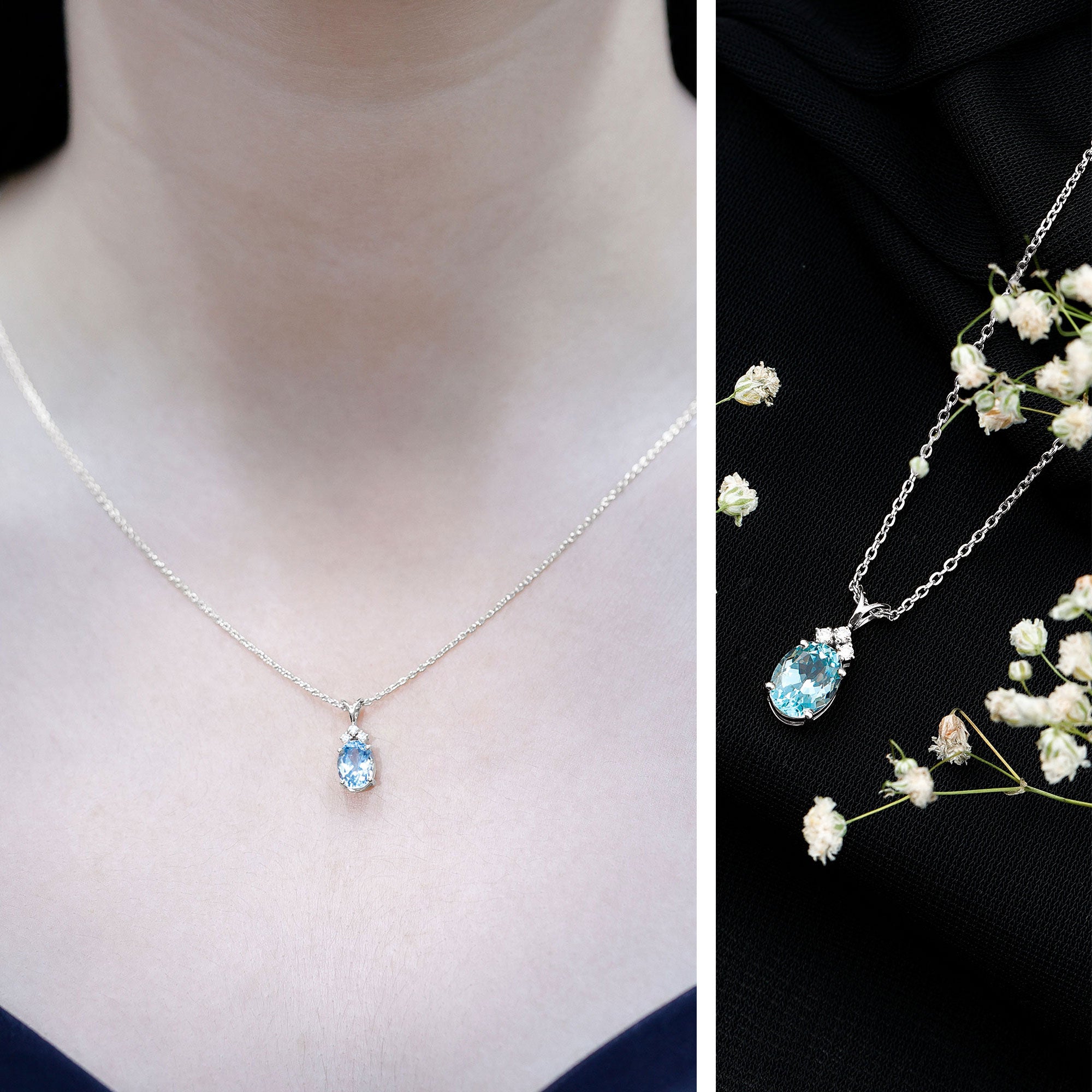 Real 1 Carat Oval Cut Aquamarine Pendant Necklace with Diamond Trio AAA - Rosec Jewels