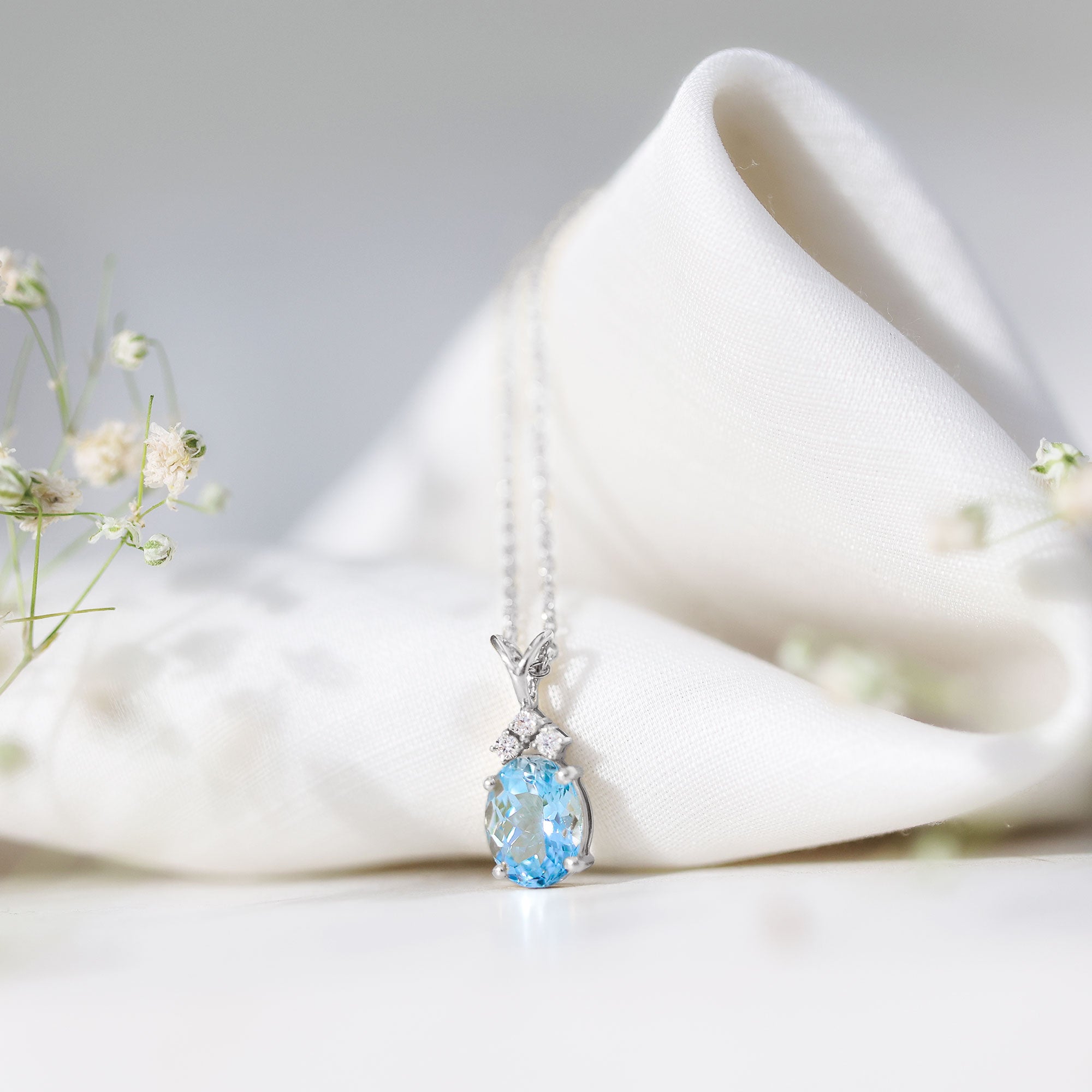 Real 1 Carat Oval Cut Aquamarine Pendant Necklace with Diamond Trio AAA - Rosec Jewels