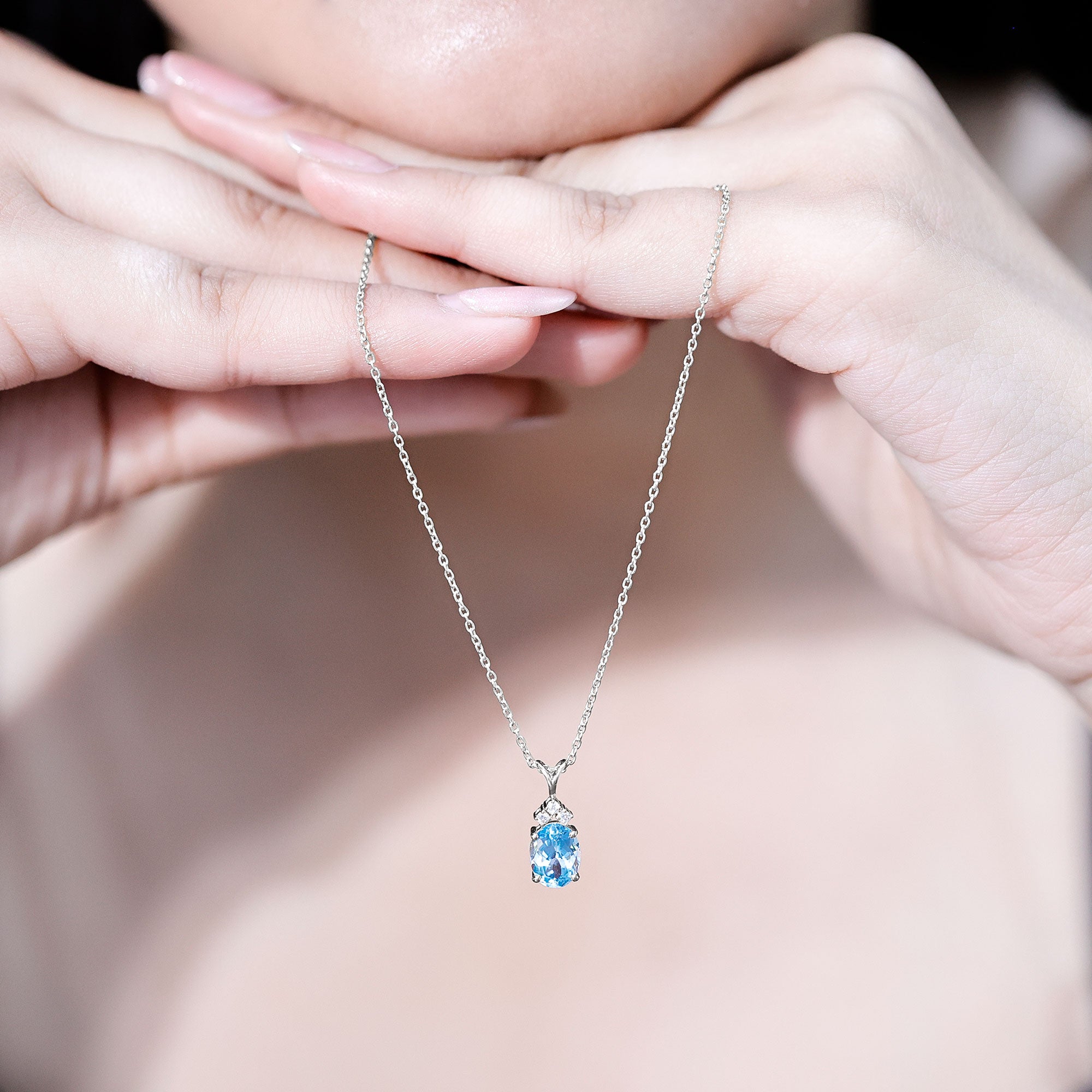 Real 1 Carat Oval Cut Aquamarine Pendant Necklace with Diamond Trio AAA - Rosec Jewels