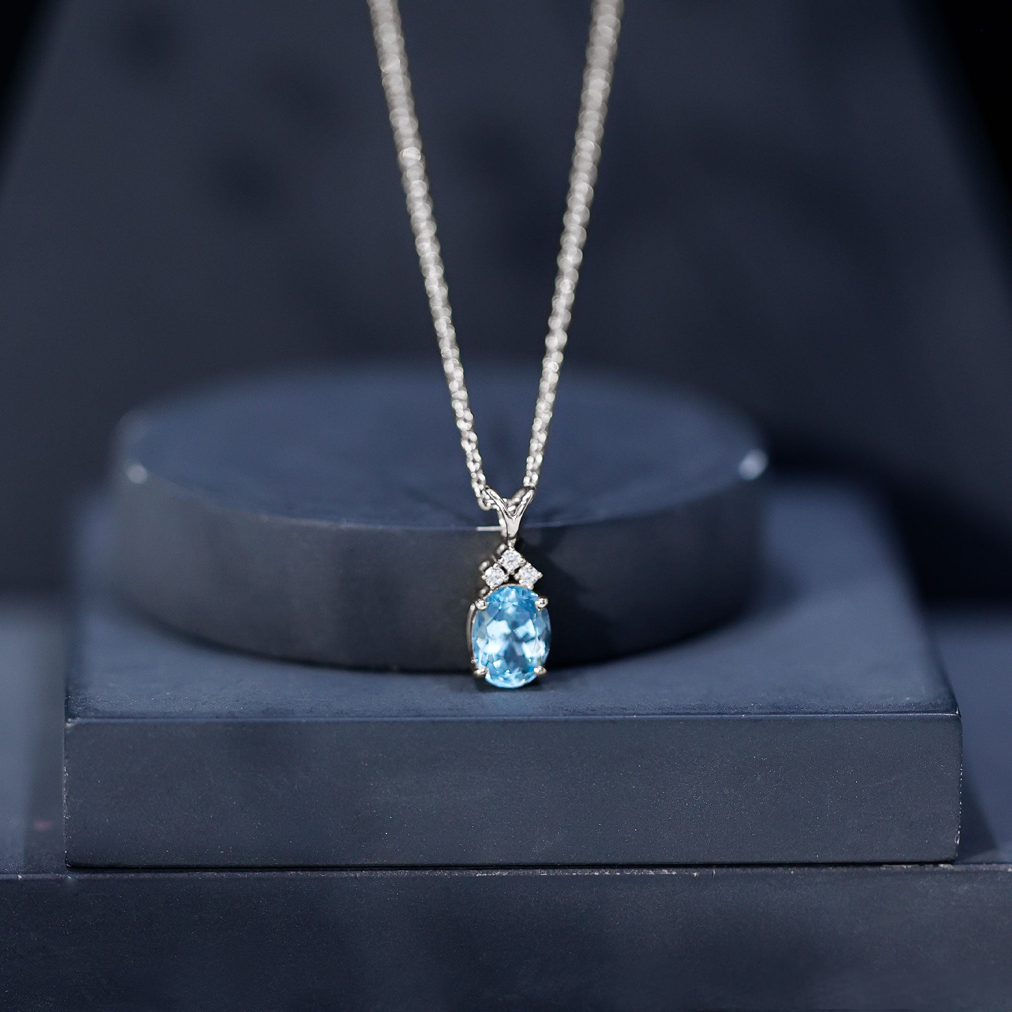Real 1 Carat Oval Cut Aquamarine Pendant Necklace with Diamond Trio AAA - Rosec Jewels