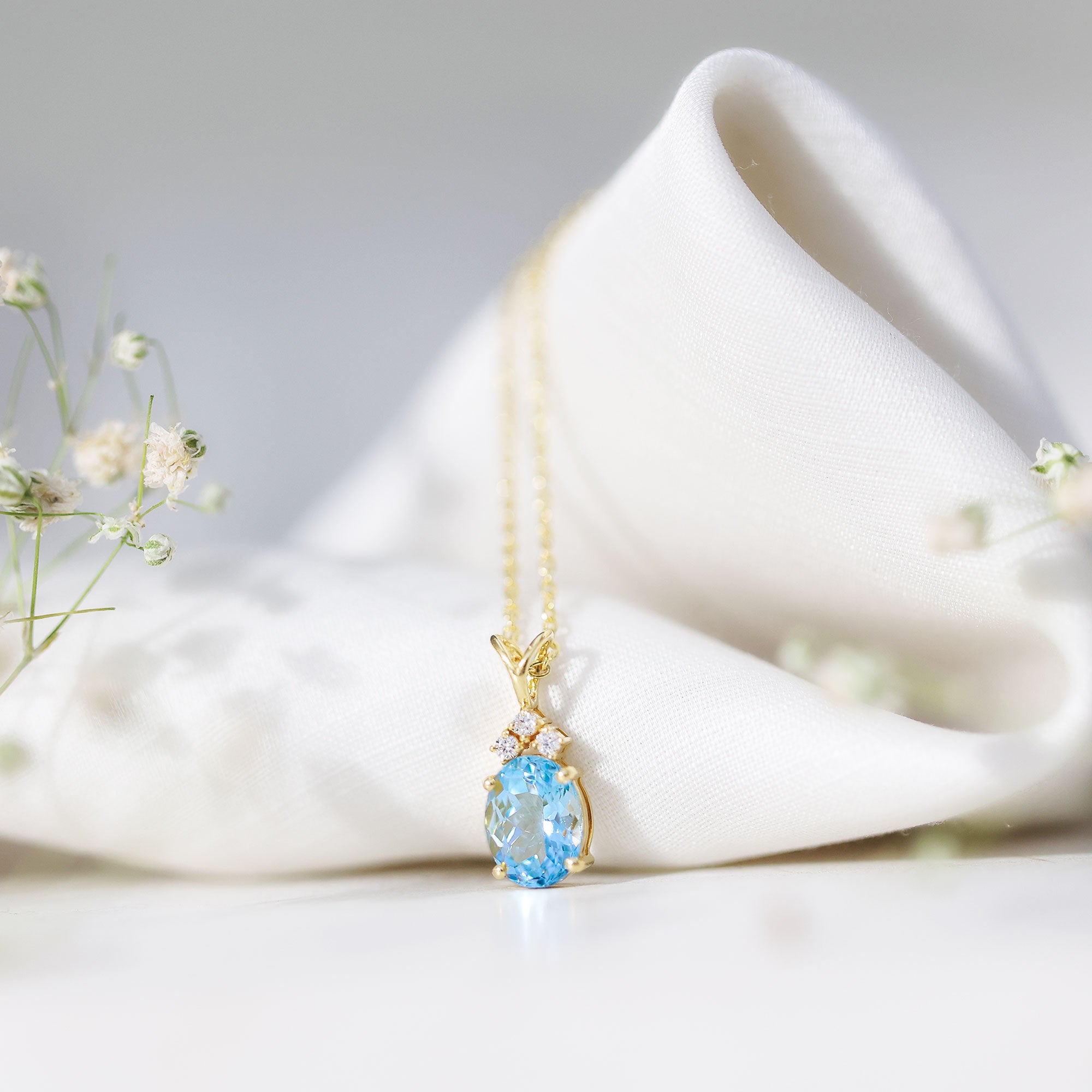 Real 1 Carat Oval Cut Aquamarine Pendant Necklace with Diamond Trio AAA - Rosec Jewels