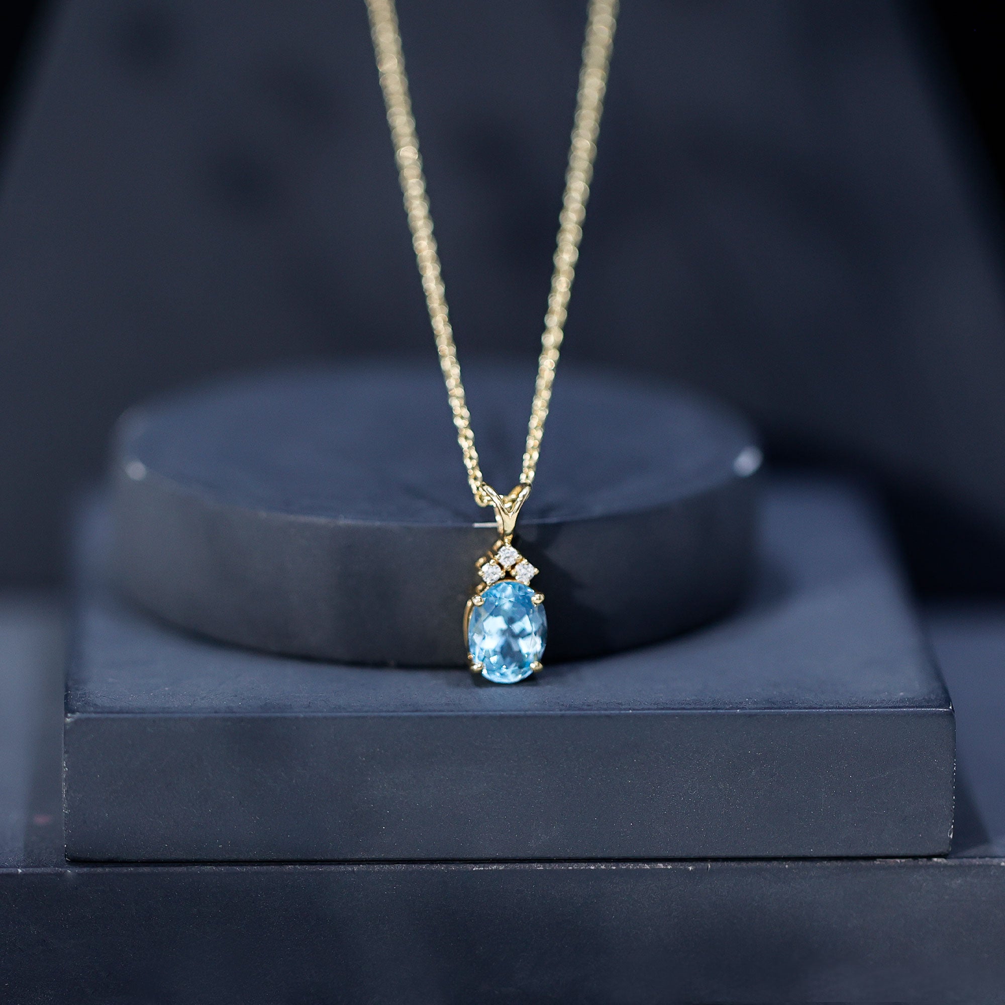 Real 1 Carat Oval Cut Aquamarine Pendant Necklace with Diamond Trio AAA - Rosec Jewels