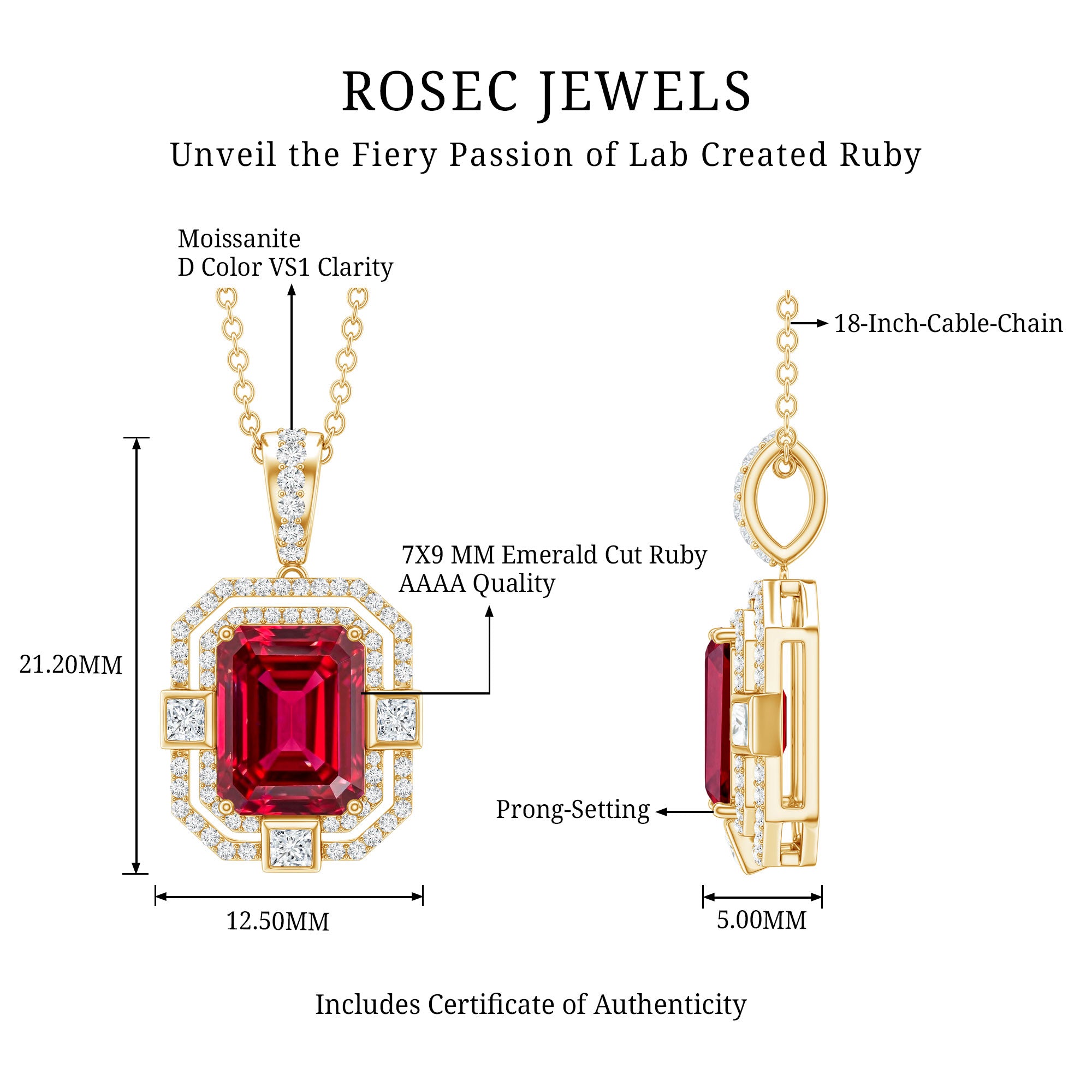 Vintage Inspired Lab Created Ruby Emerald Cut Necklace with Certificate AAAA - Rosec Jewels
