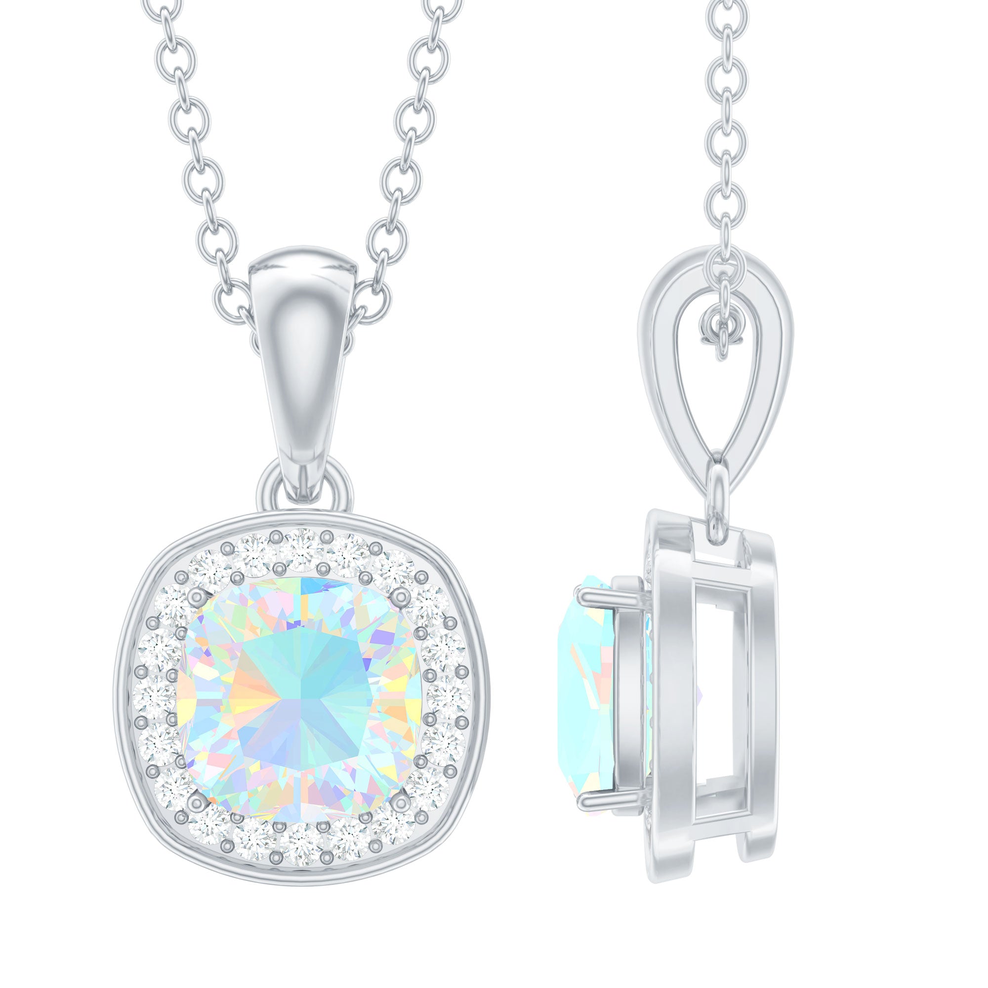 Cushion Cut Rainbow Opal and Moissanite Halo Pendant Necklace