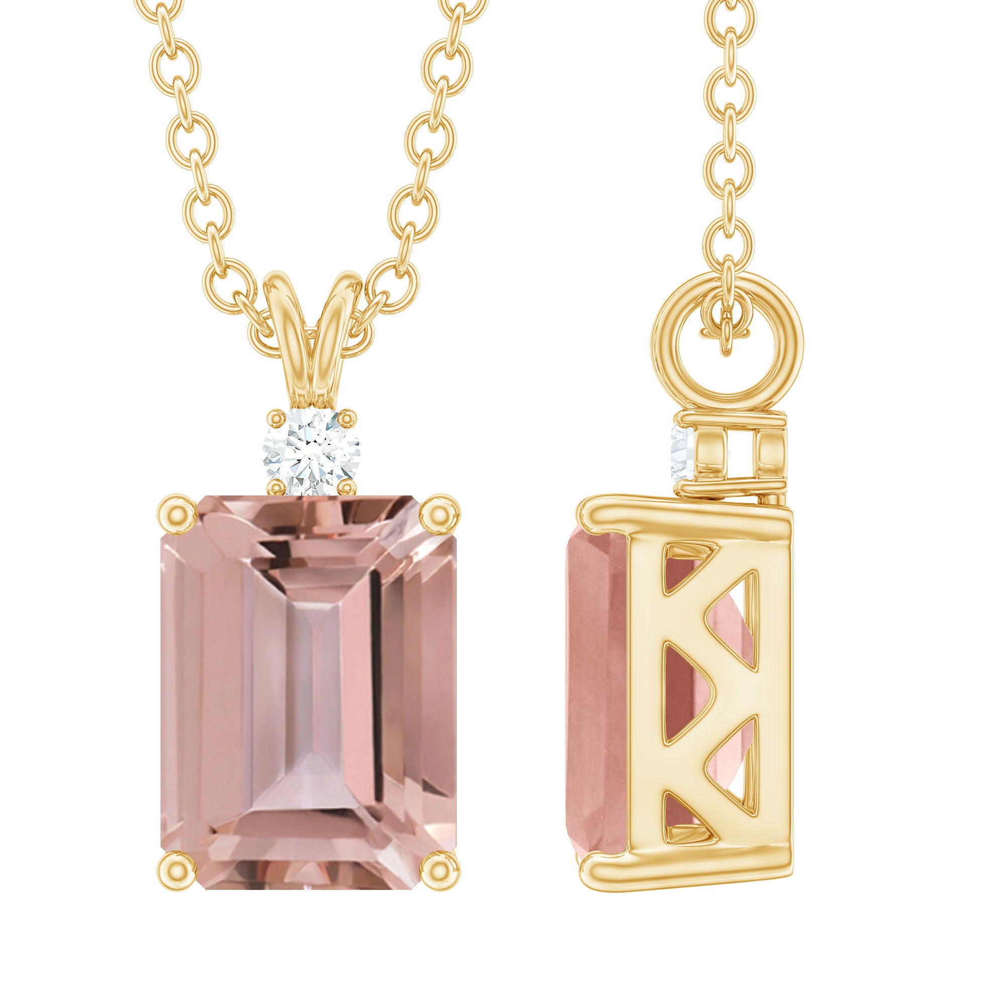 Certified Emerald Cut Morganite Solitaire Necklace with Silver Chain