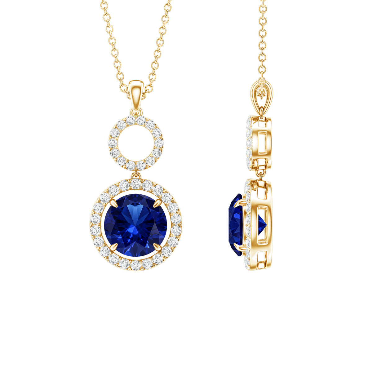 Lab Grown Blue Sapphire Halo Pendant with Moissanite AAAA - Rosec Jewels