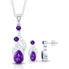 Real Amethyst and Diamond Bridal Dangle Necklace Earrings Set AAA - Rosec Jewels