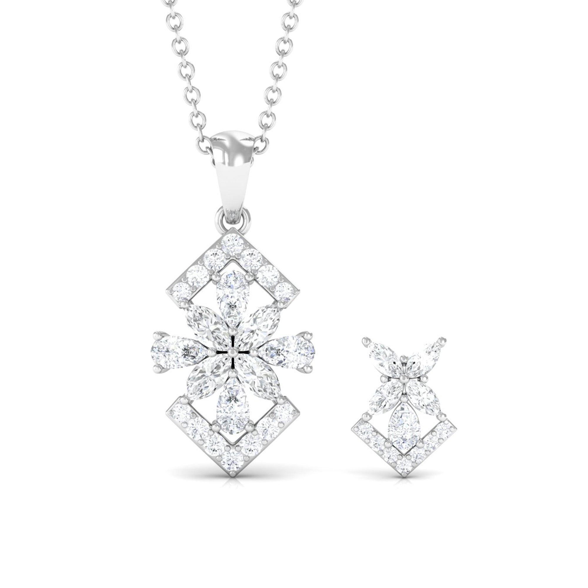 Genuine Diamond Flower Necklace and Earrings Set with Certificate Natural - ( HI-SI ) - Rosec Jewels