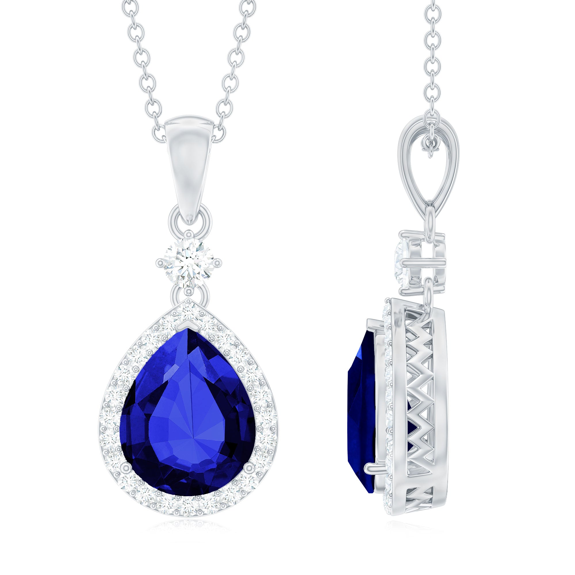 Rosec Jewels-Certified Lab Grown Blue Sapphire Diamond Teardrop Pendant Necklace