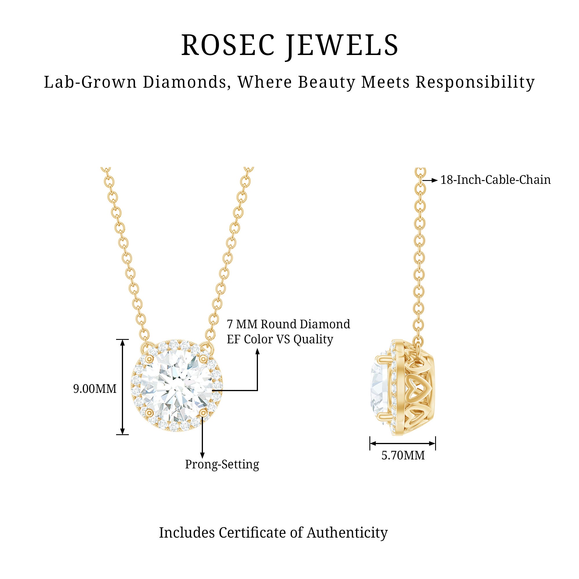 Rosec Jewels-Certified Lab Created Diamond Halo Necklace For Bride
