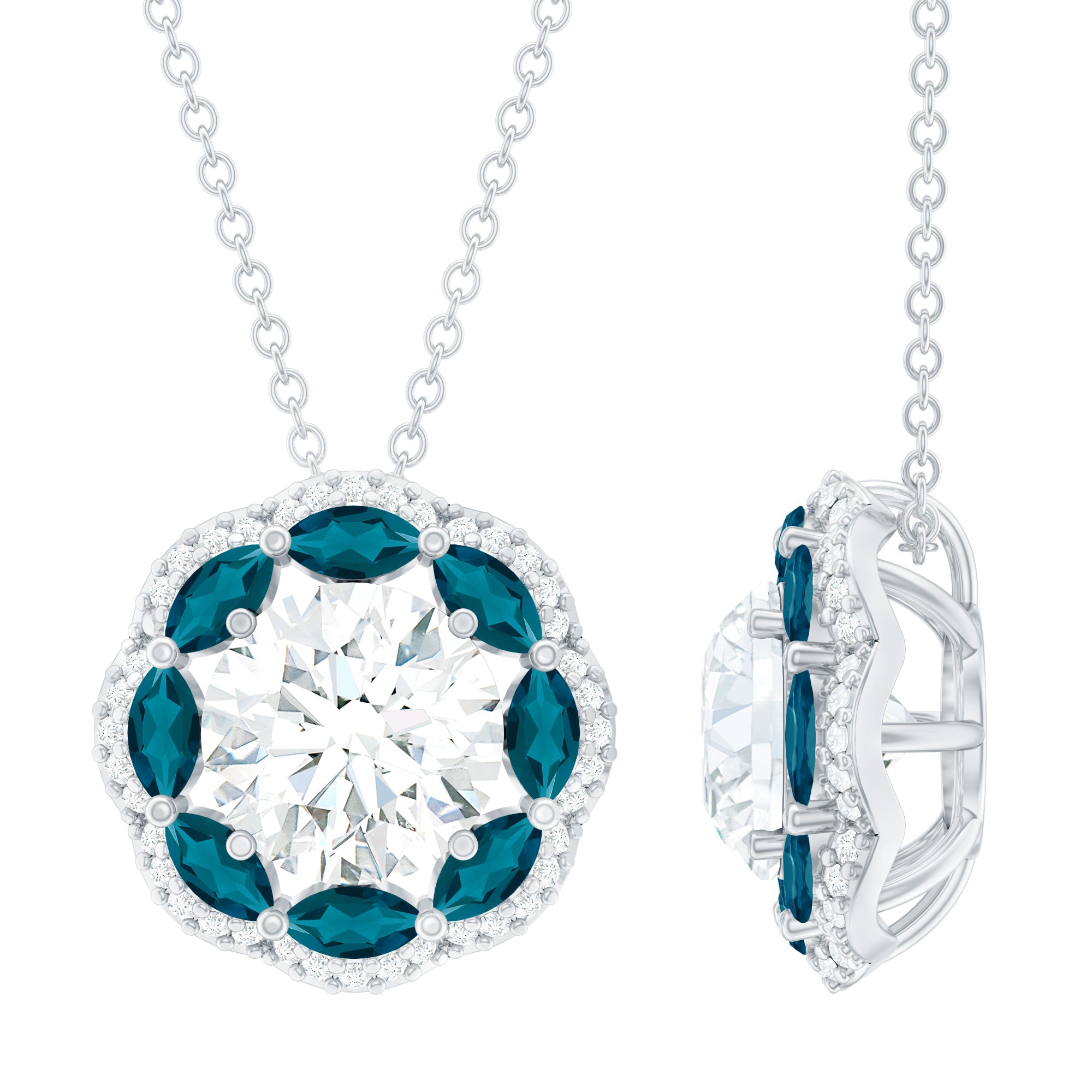 Certified 2 CT Moissanite and London Blue Topaz Flower Halo Necklace