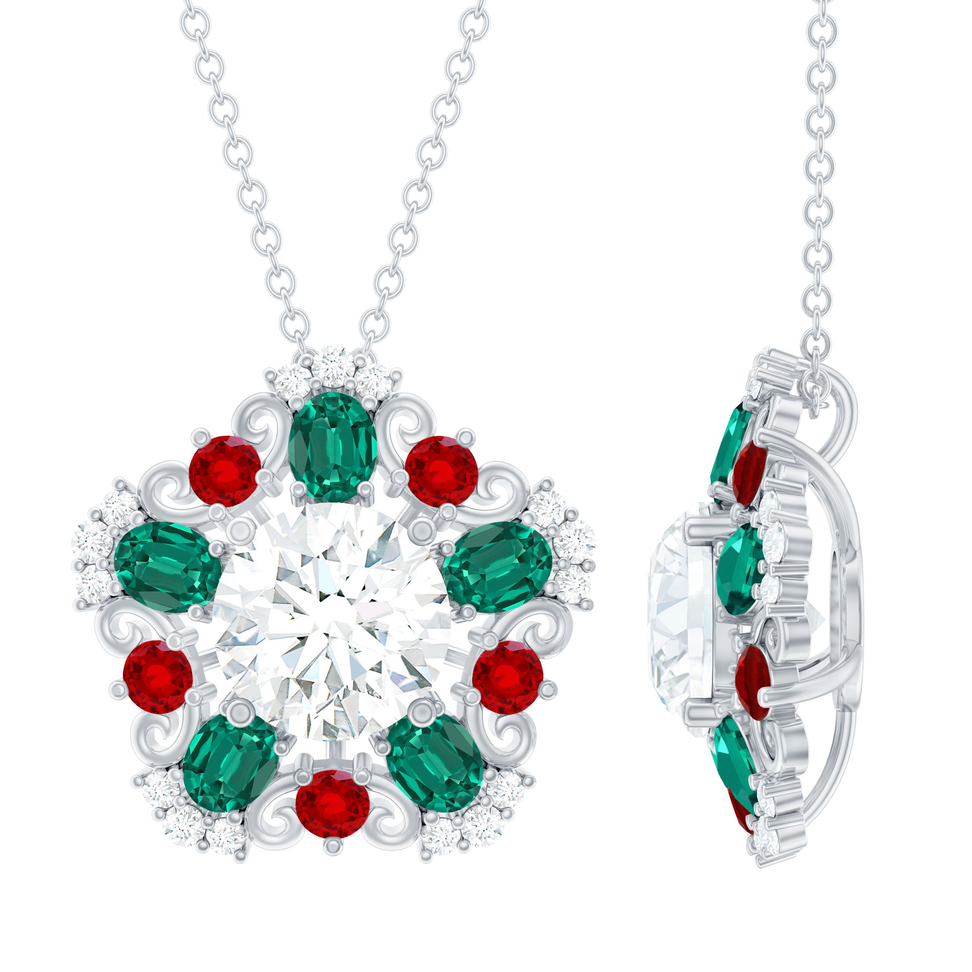 Certified 8MM Moissanite Vintage Flower Necklace with Lab Ruby and Emerald