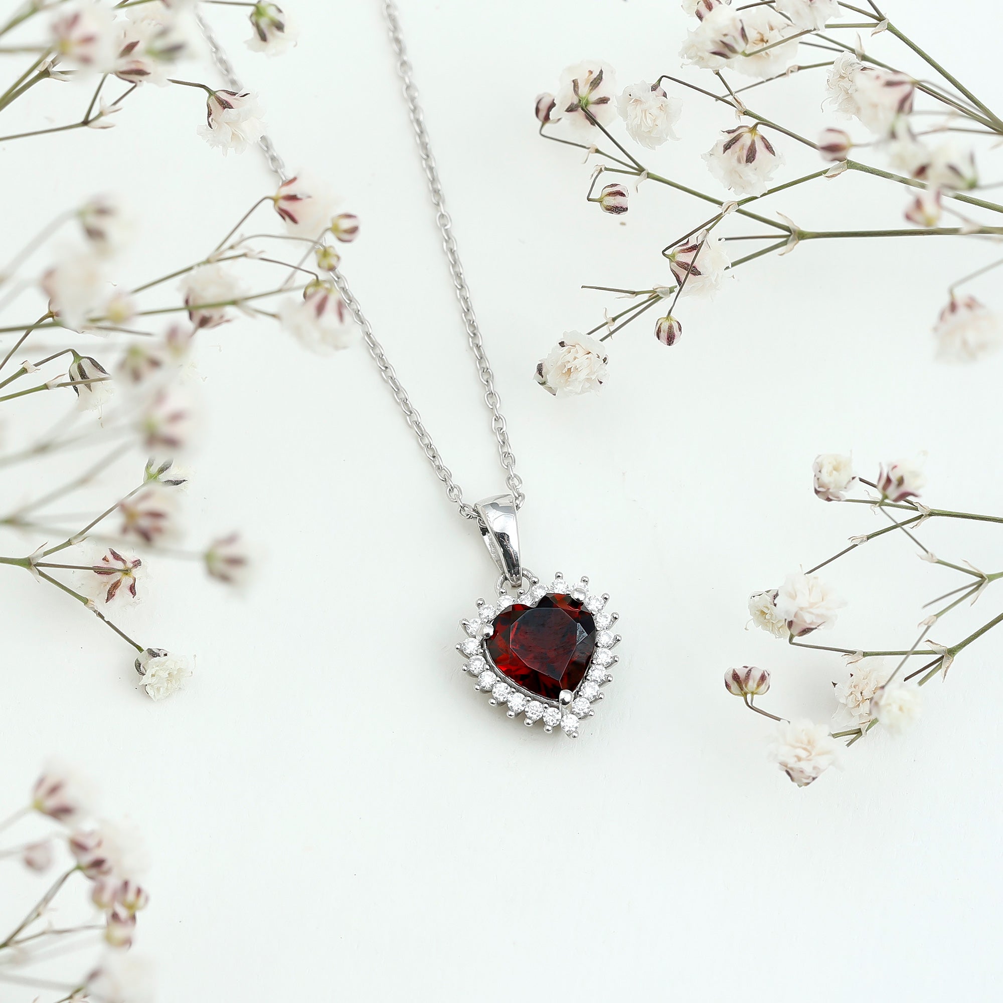 Garnet Heart Pendant Necklace with Moissanite Halo AAA - Rosec Jewels