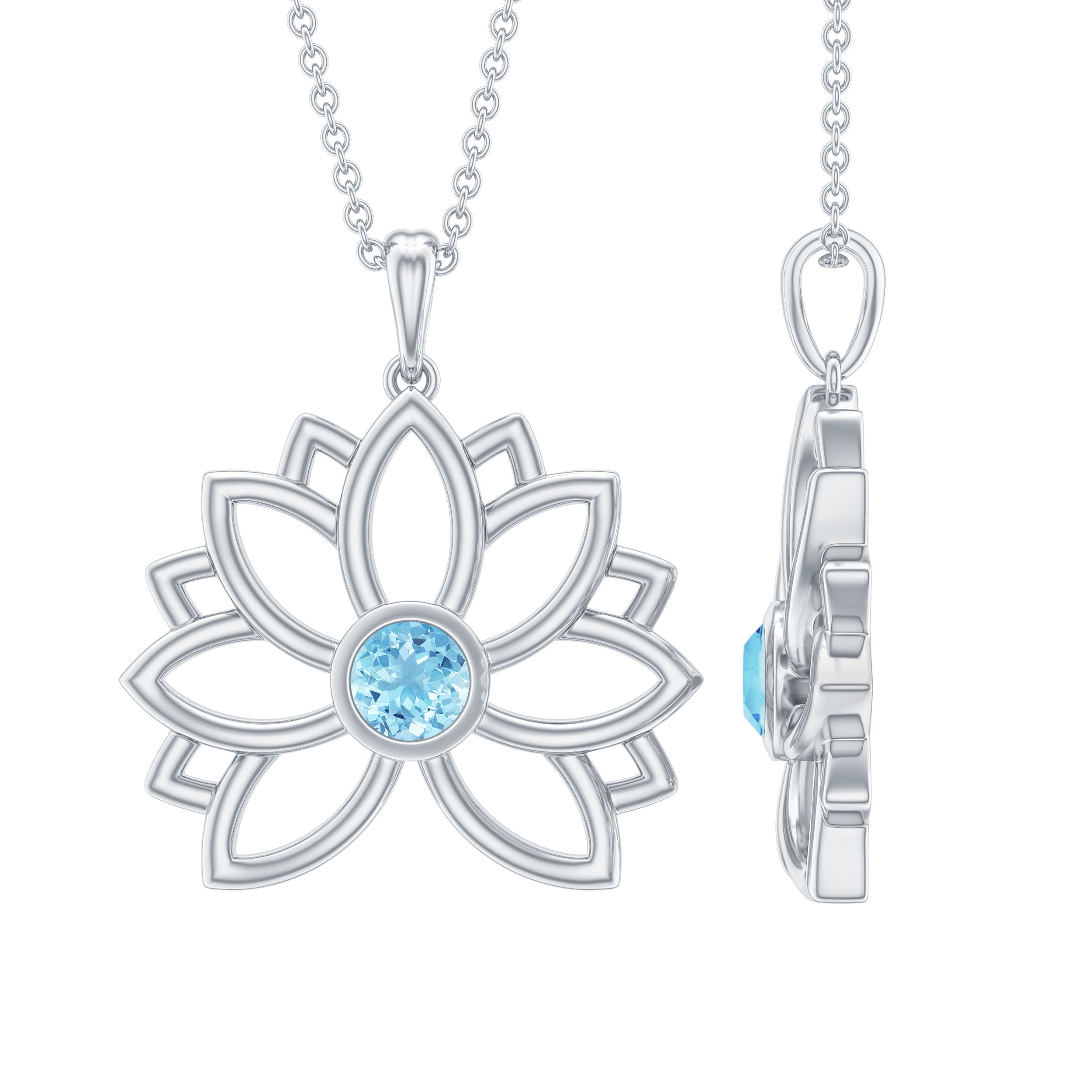 Lotus Flower Pendant with Bezel Set Solitaire Aquamarine