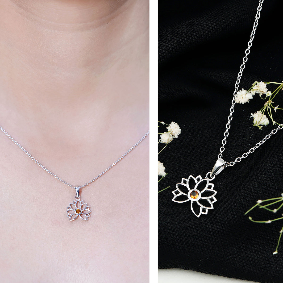 Bezel Set Citrine Lotus Flower Necklace With Chain AAA - Rosec Jewels
