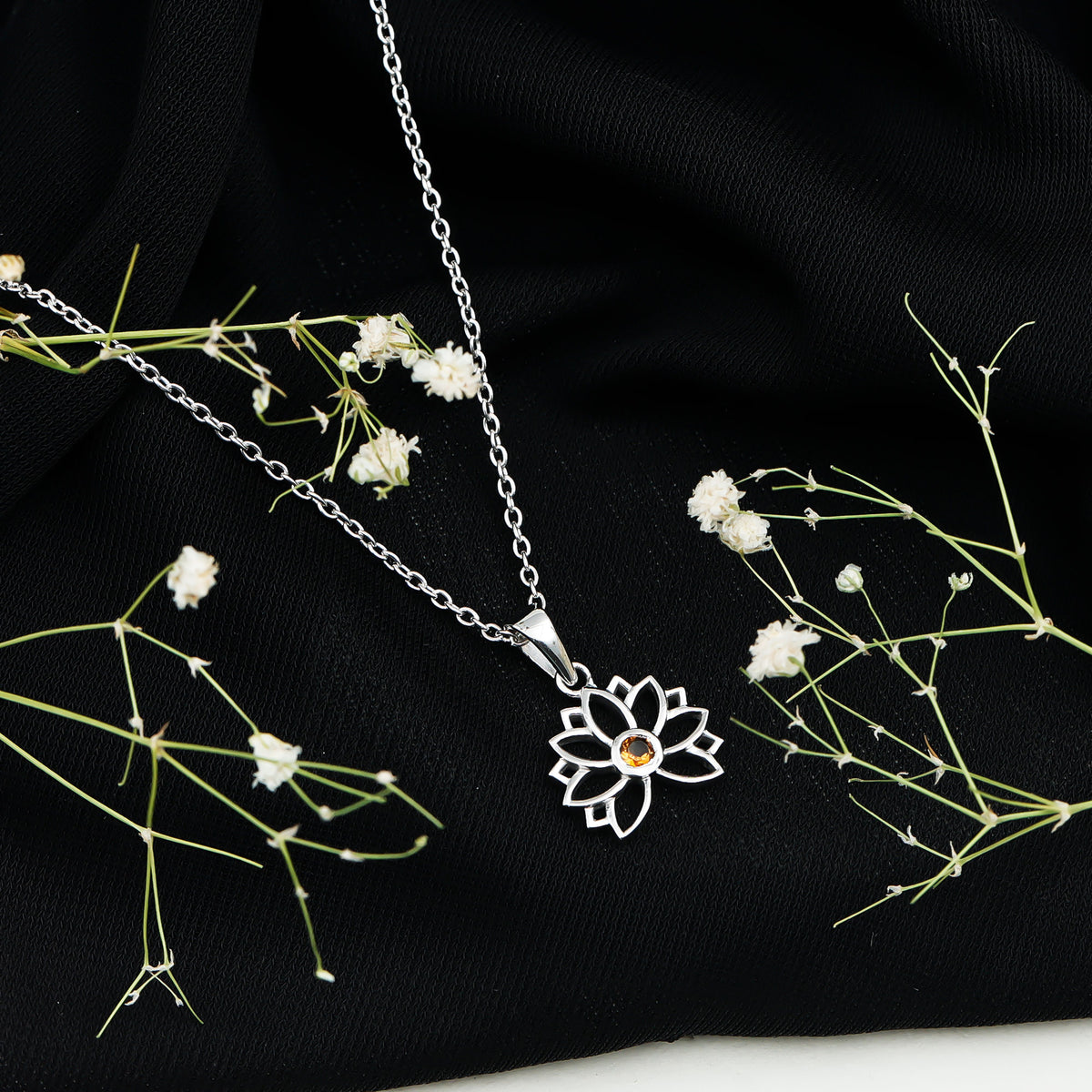 Bezel Set Citrine Lotus Flower Necklace With Chain AAA - Rosec Jewels
