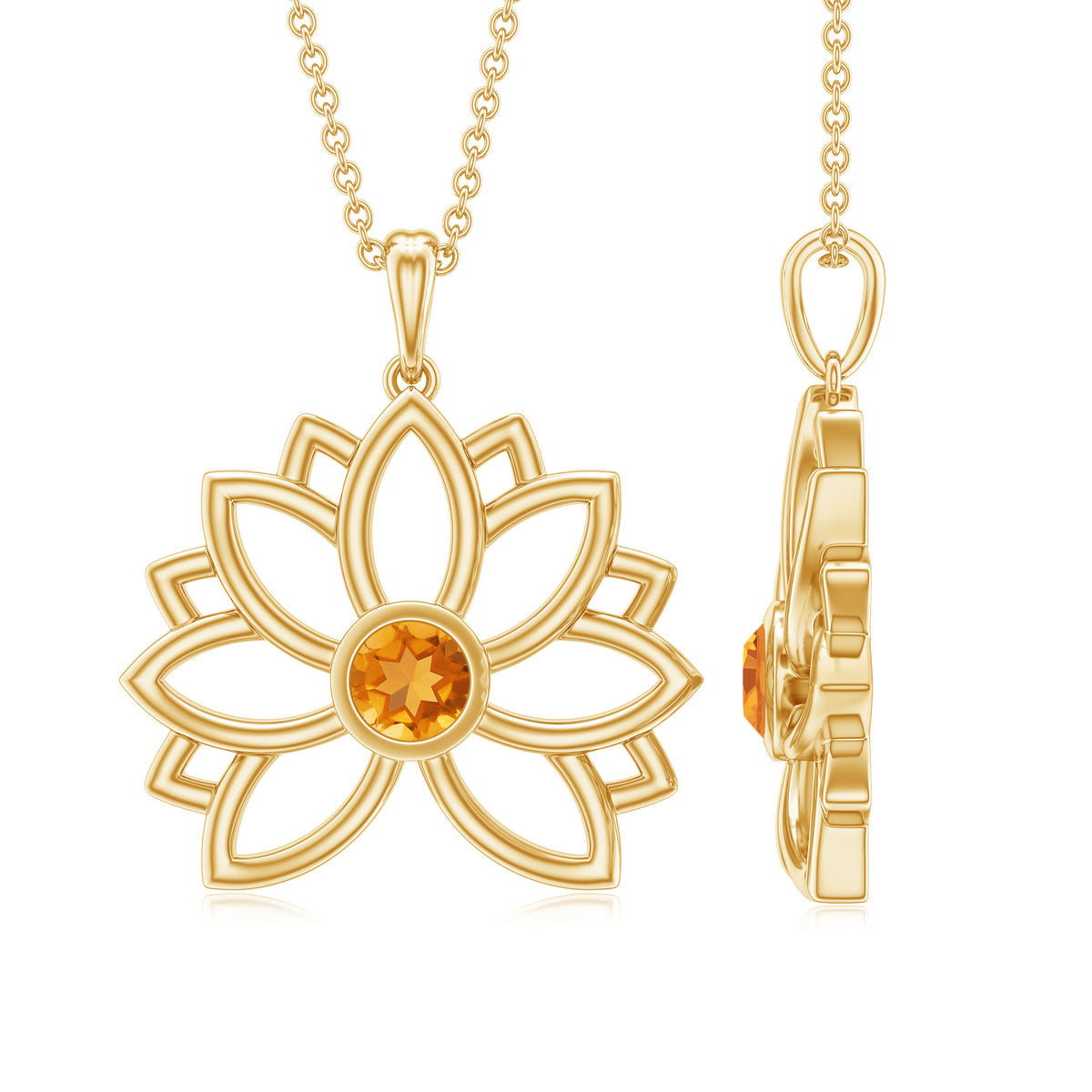 Bezel Set Citrine Lotus Flower Necklace With Chain AAA - Rosec Jewels