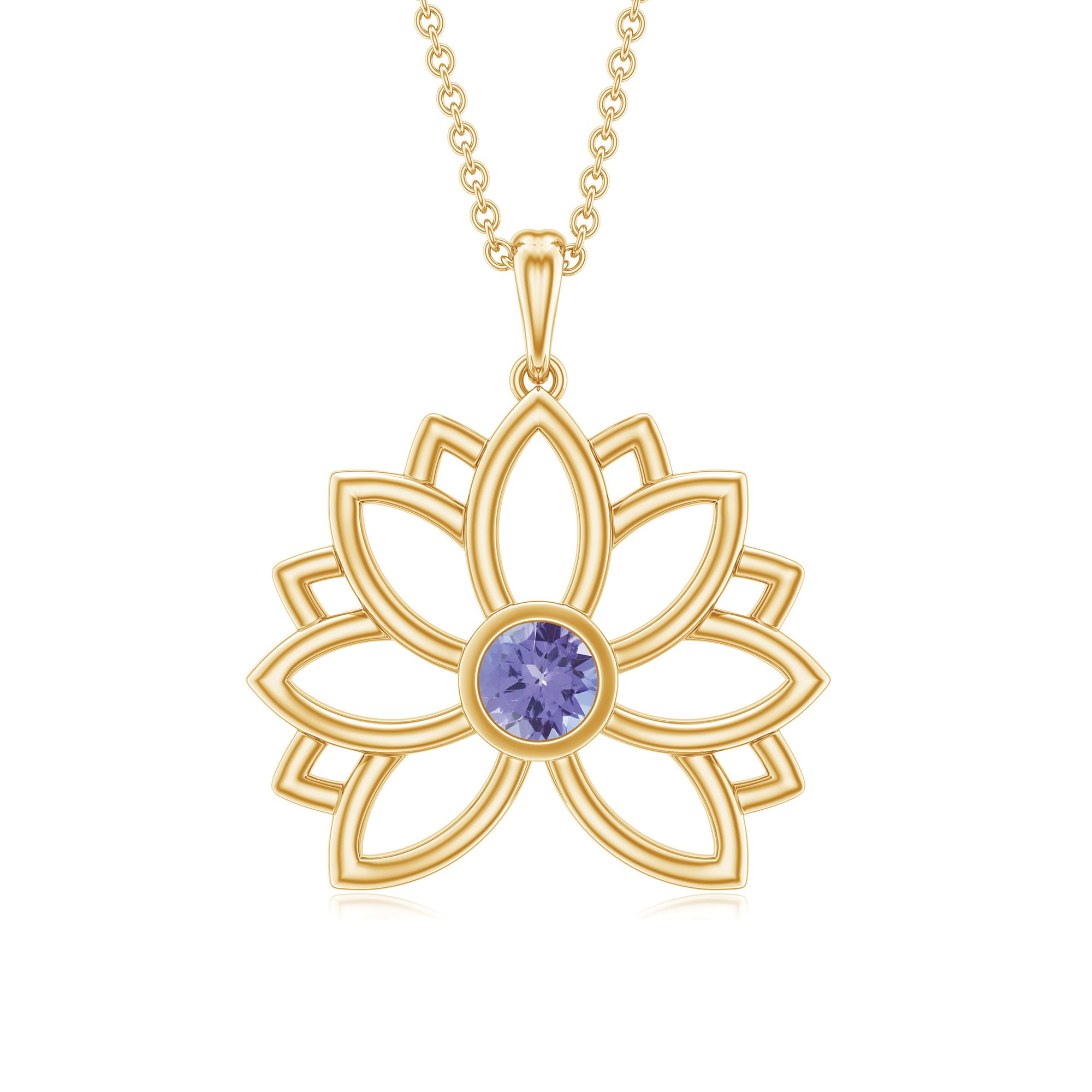 Bezel Set Tanzanite Lotus Flower Pendant Necklace AAA - Rosec Jewels