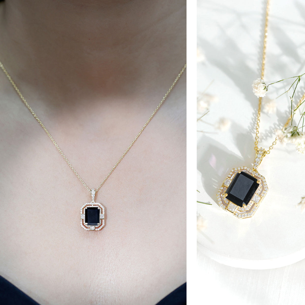 Vintage Inspired 3.4 Carat Emerald Cut Synthetic Black Diamond Pendant Necklace AAAA ( Synthetic ) - Rosec Jewels