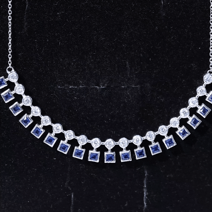 Princess Cut Lab Grown Blue Sapphire Statement Necklace With Certificate AAAA - Rosec Jewels