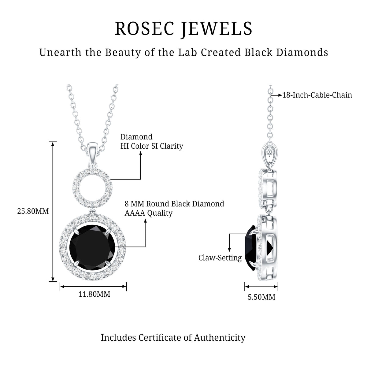 Lab Created Black Diamond Drop & Dangle Necklace with White Diamond AAAA ( Synthetic ) - Rosec Jewels