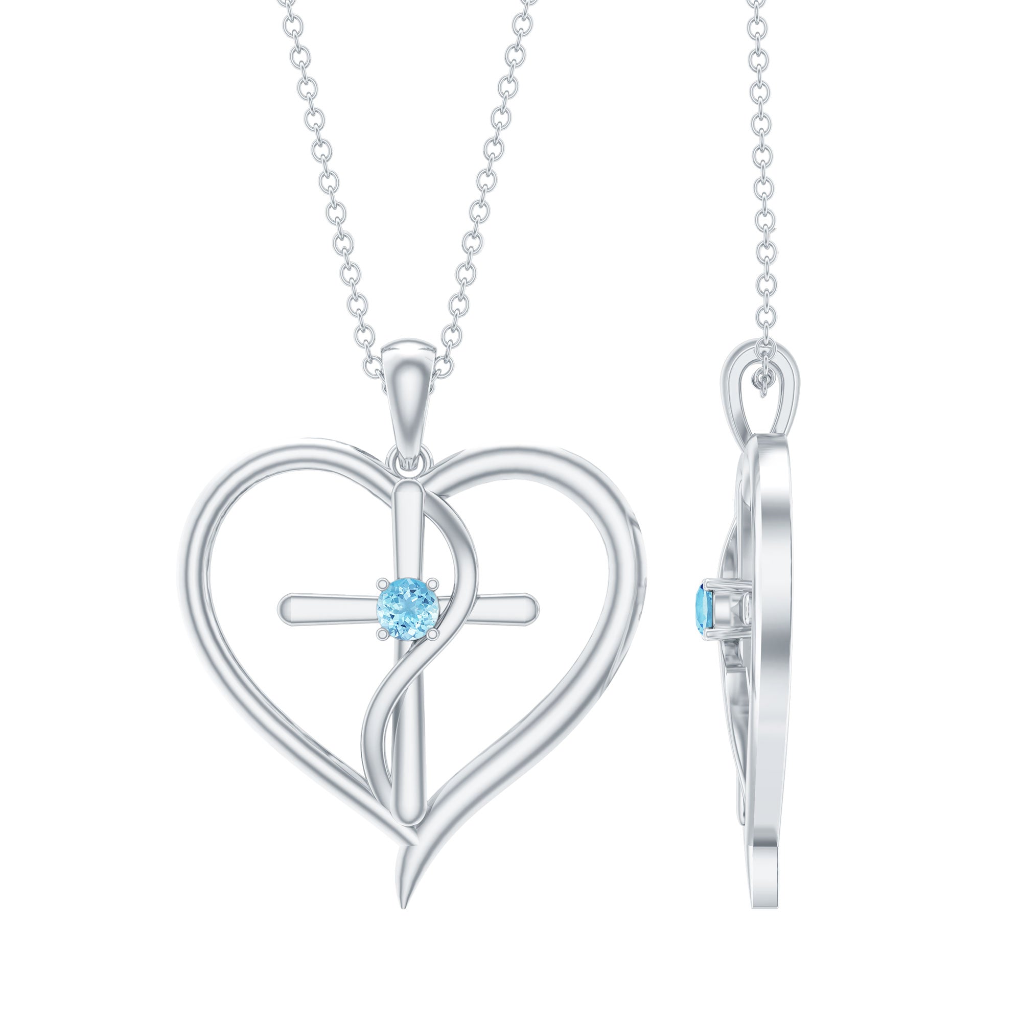 0.25 CT Aquamarine Cross Heart Pendant Necklace in Prong Setting