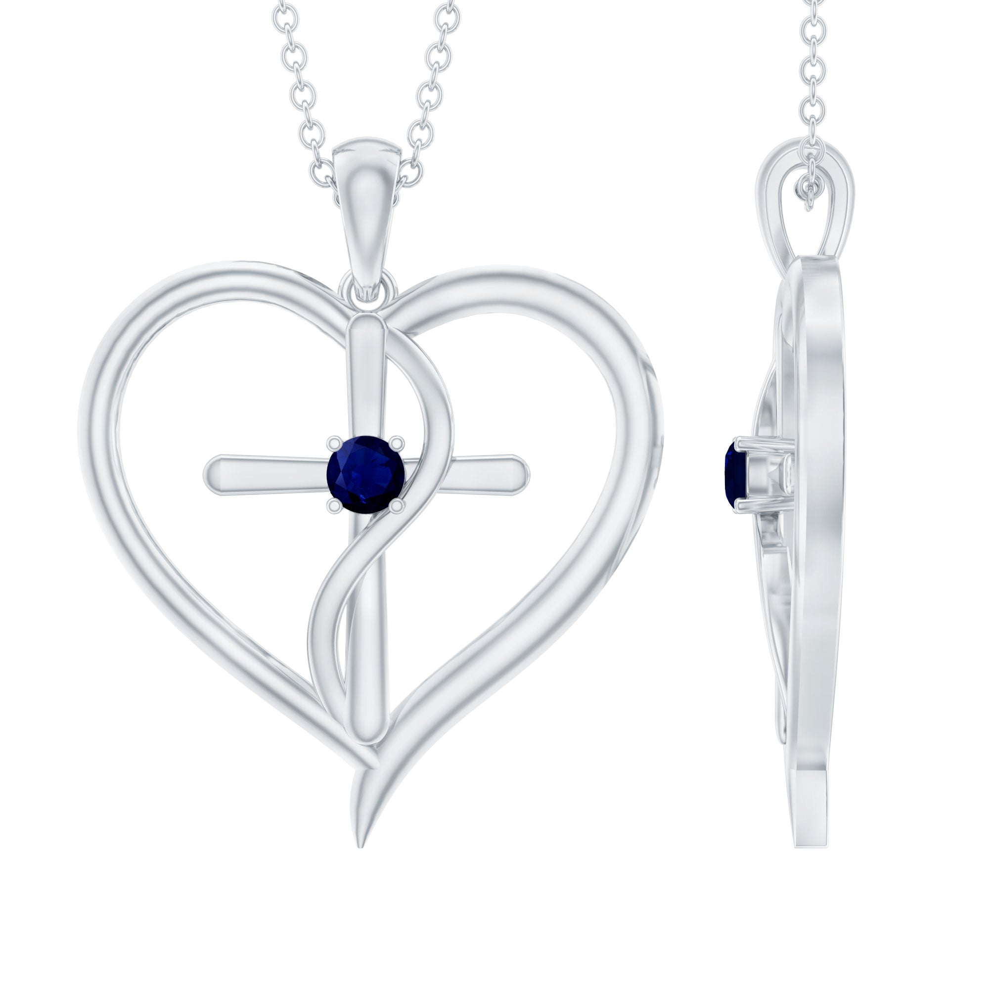 Natural Blue Sapphire Cross Heart Necklace for Women AAA - Rosec Jewels