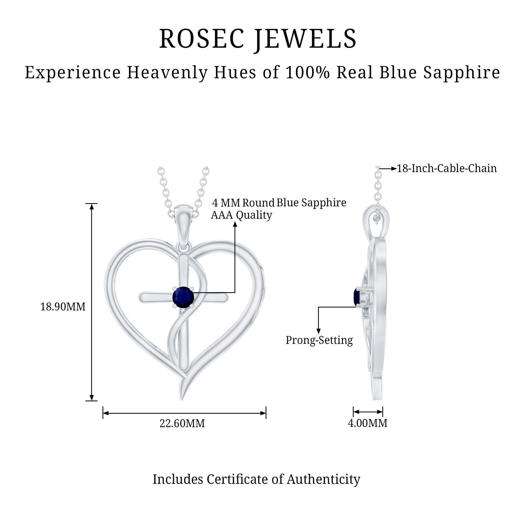 Natural Blue Sapphire Cross Heart Necklace for Women AAA - Rosec Jewels