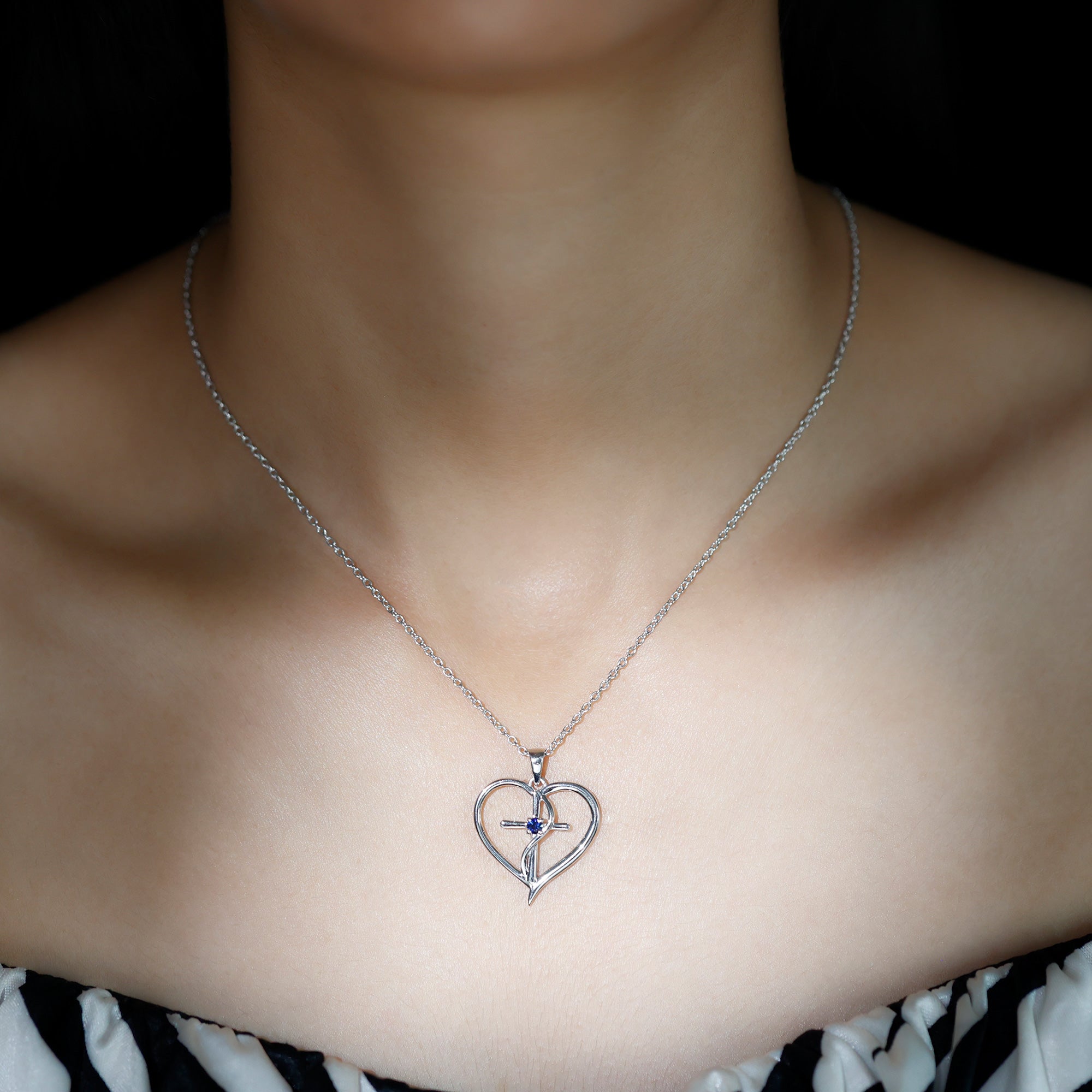 Natural Blue Sapphire Cross Heart Necklace for Women AAA - Rosec Jewels