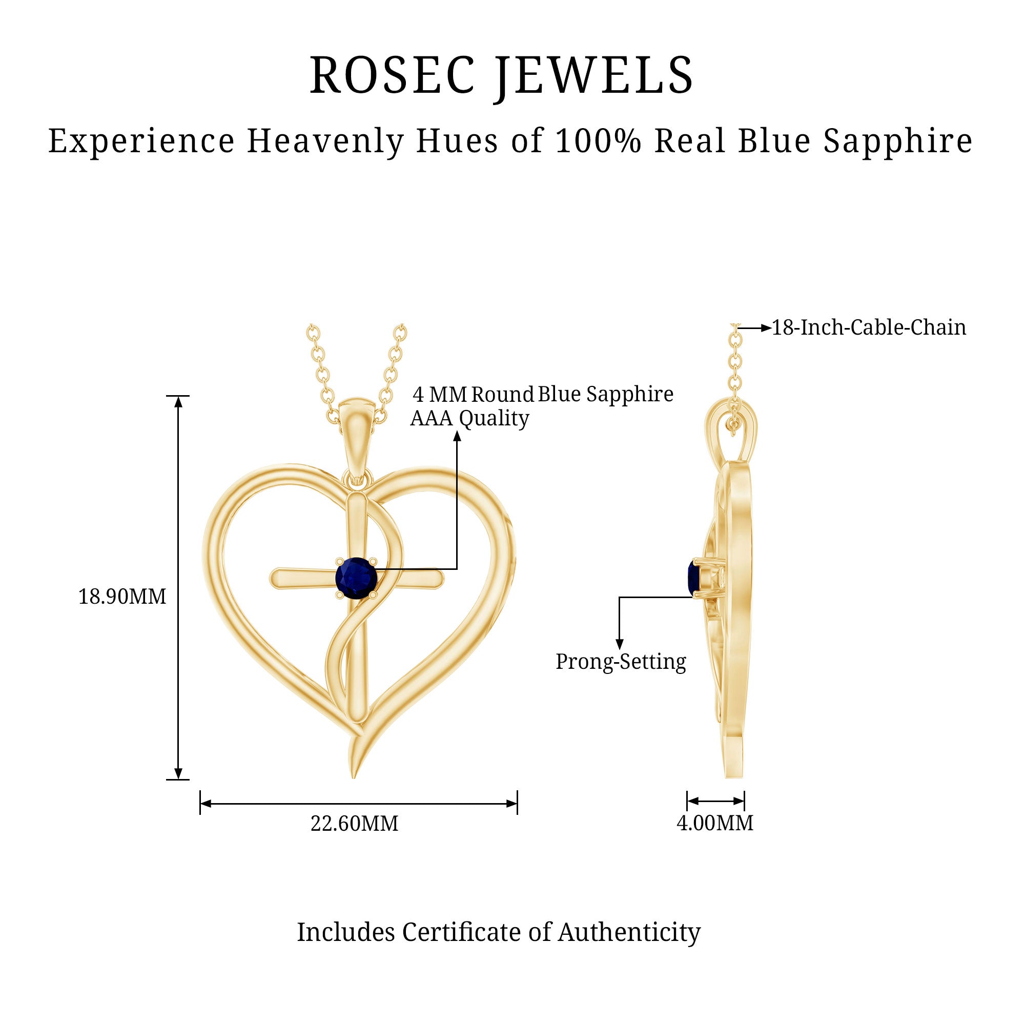 Natural Blue Sapphire Cross Heart Necklace for Women AAA - Rosec Jewels
