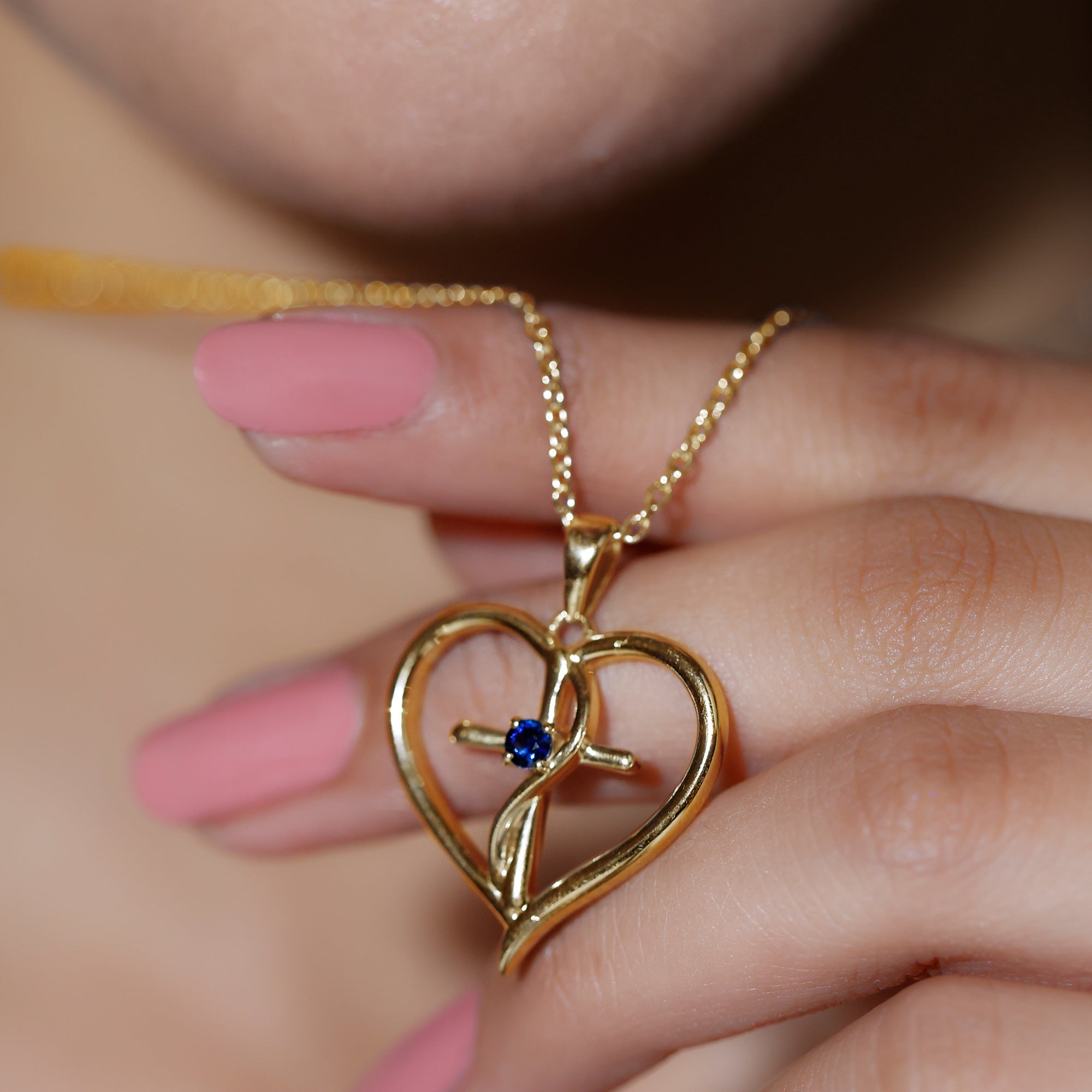 Natural Blue Sapphire Cross Heart Necklace for Women AAA - Rosec Jewels