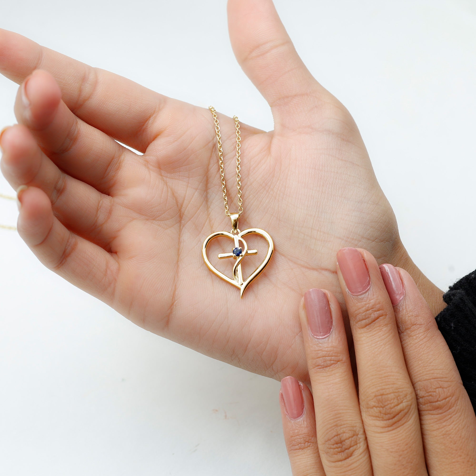 Natural Blue Sapphire Cross Heart Necklace for Women AAA - Rosec Jewels