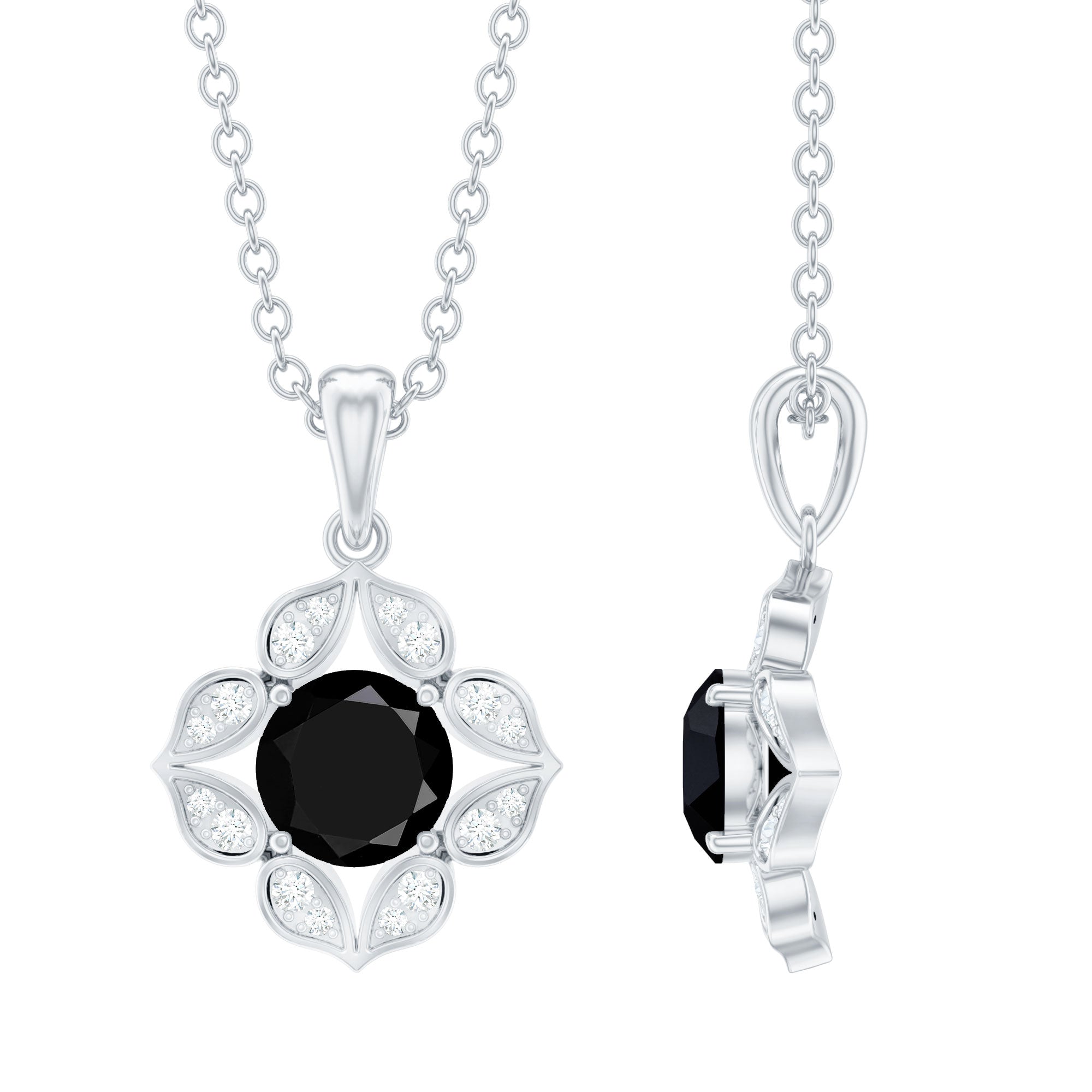 Genuine Black Onyx and Diamond Bridal Pendant Necklace