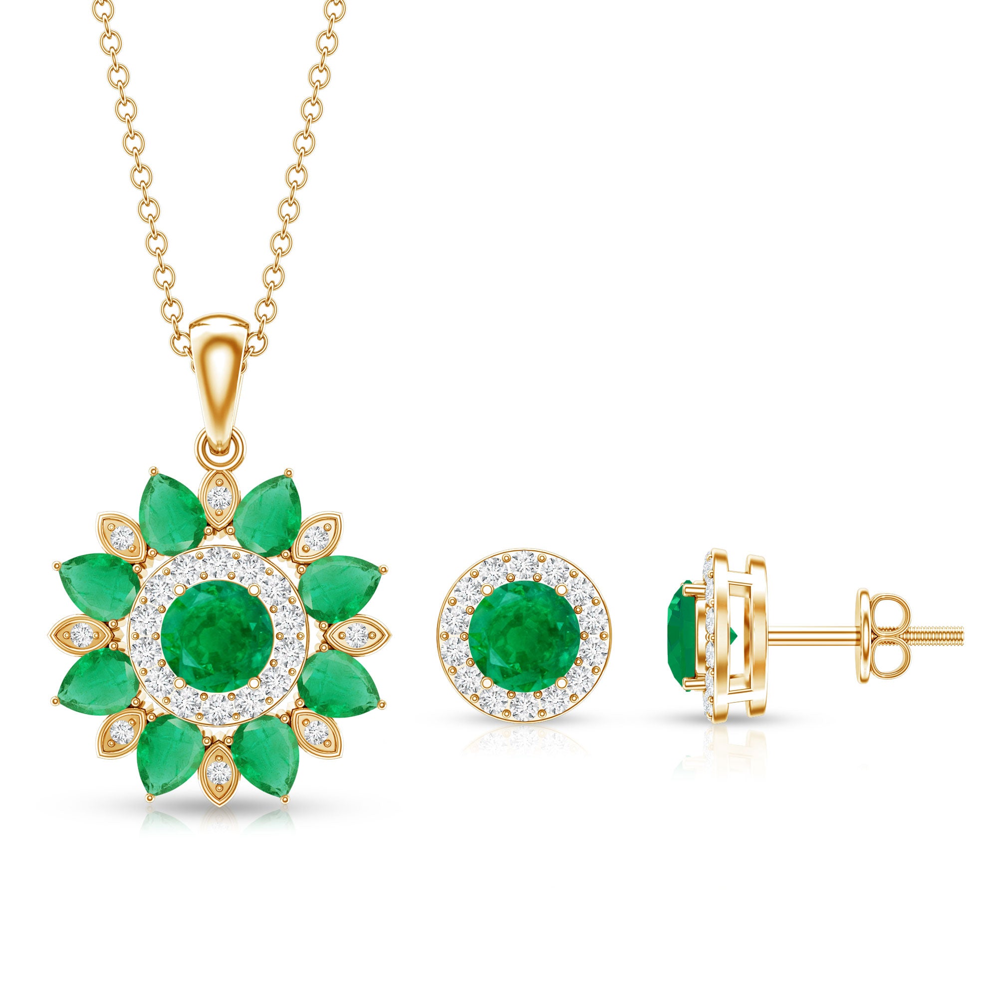 Certified Emerald and Moissanite Flower Jewelry Set AAA - Rosec Jewels