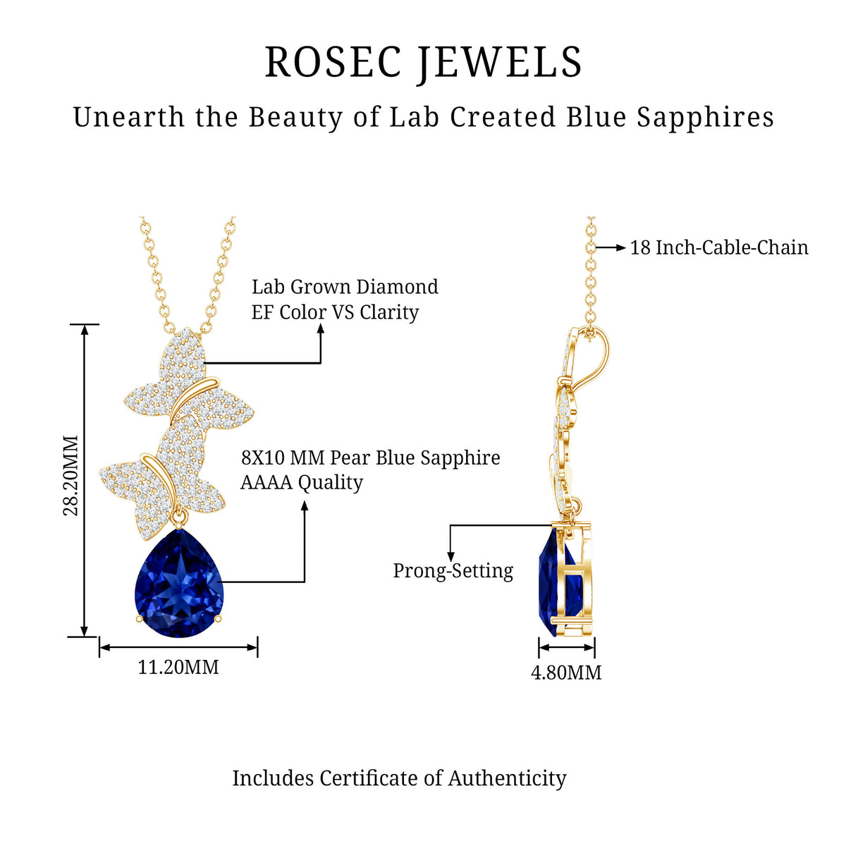 Lab Grown Blue Sapphire Butterflies Pendant Necklace with Diamond AAAA - Rosec Jewels